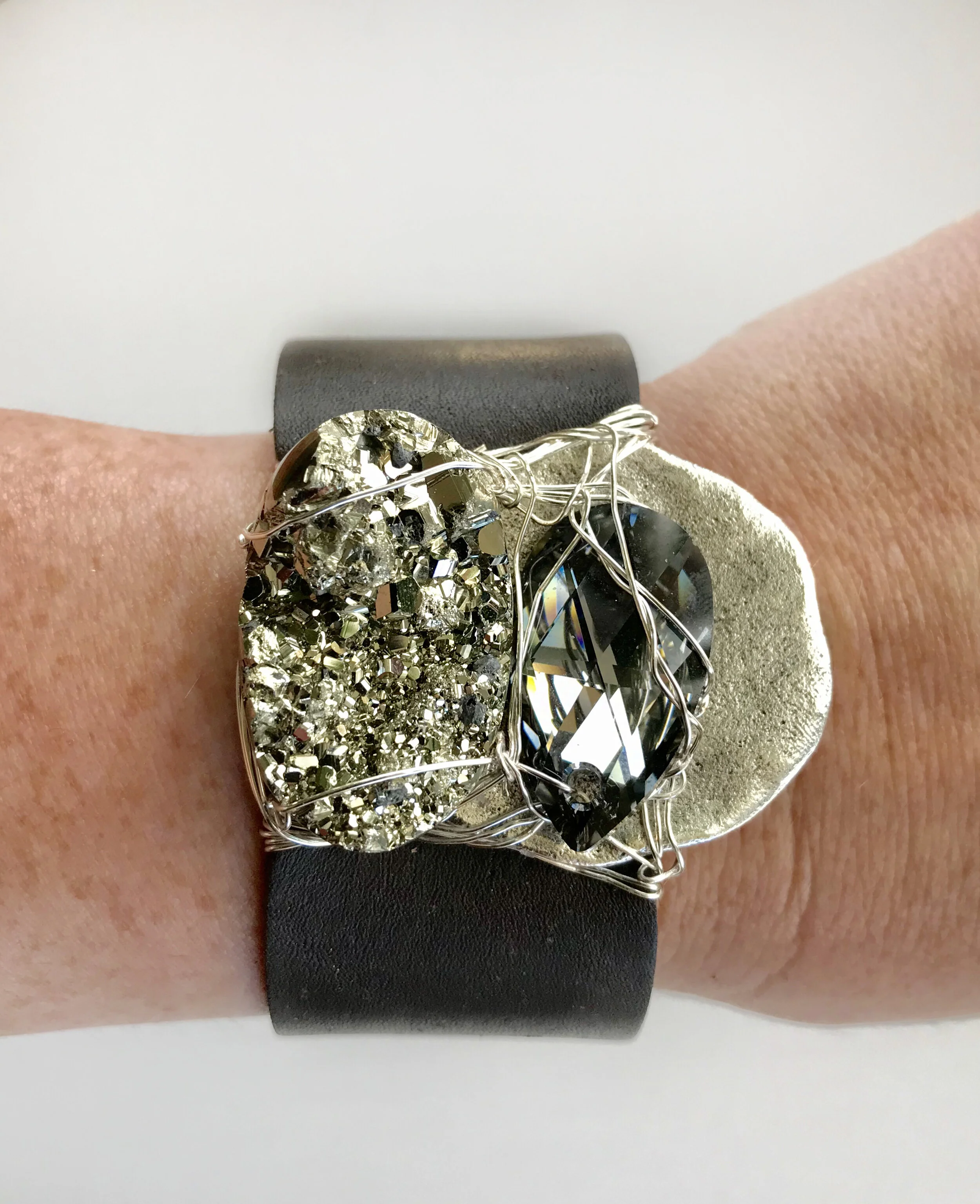 Pyrite Swarovski Pewter Leather Cuff 