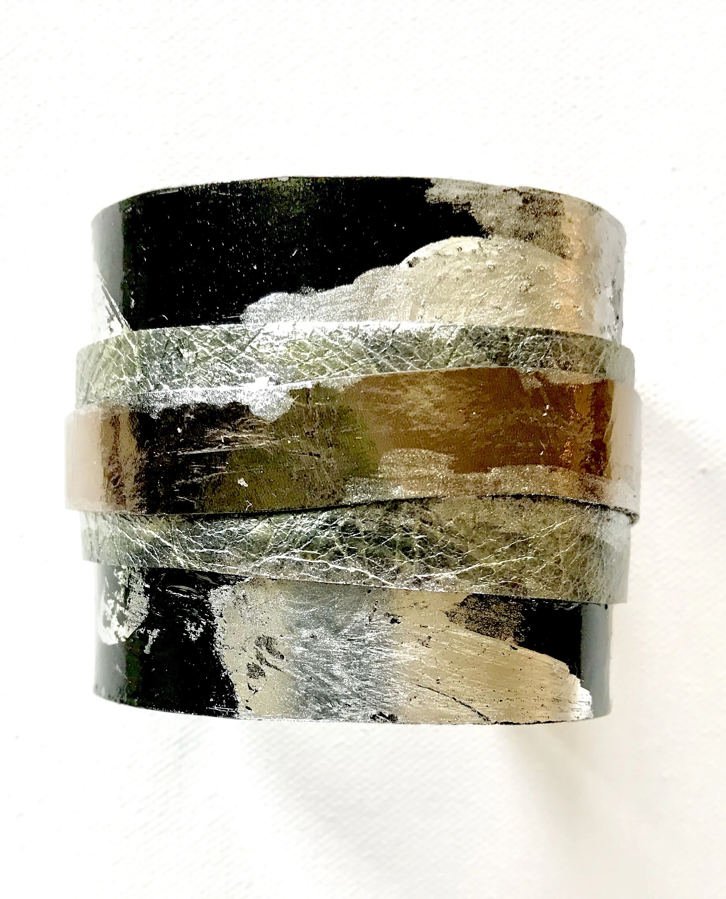 Black Painted Brass Silver Leaf Metallic Leather Cuff  