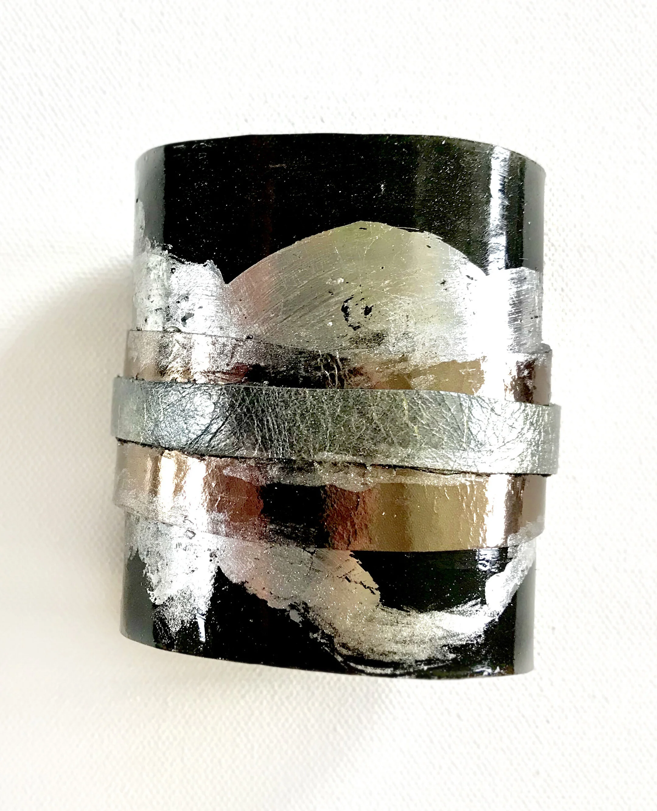 Black Painted Brass Silver Leaf Metallic Leather Cuff 