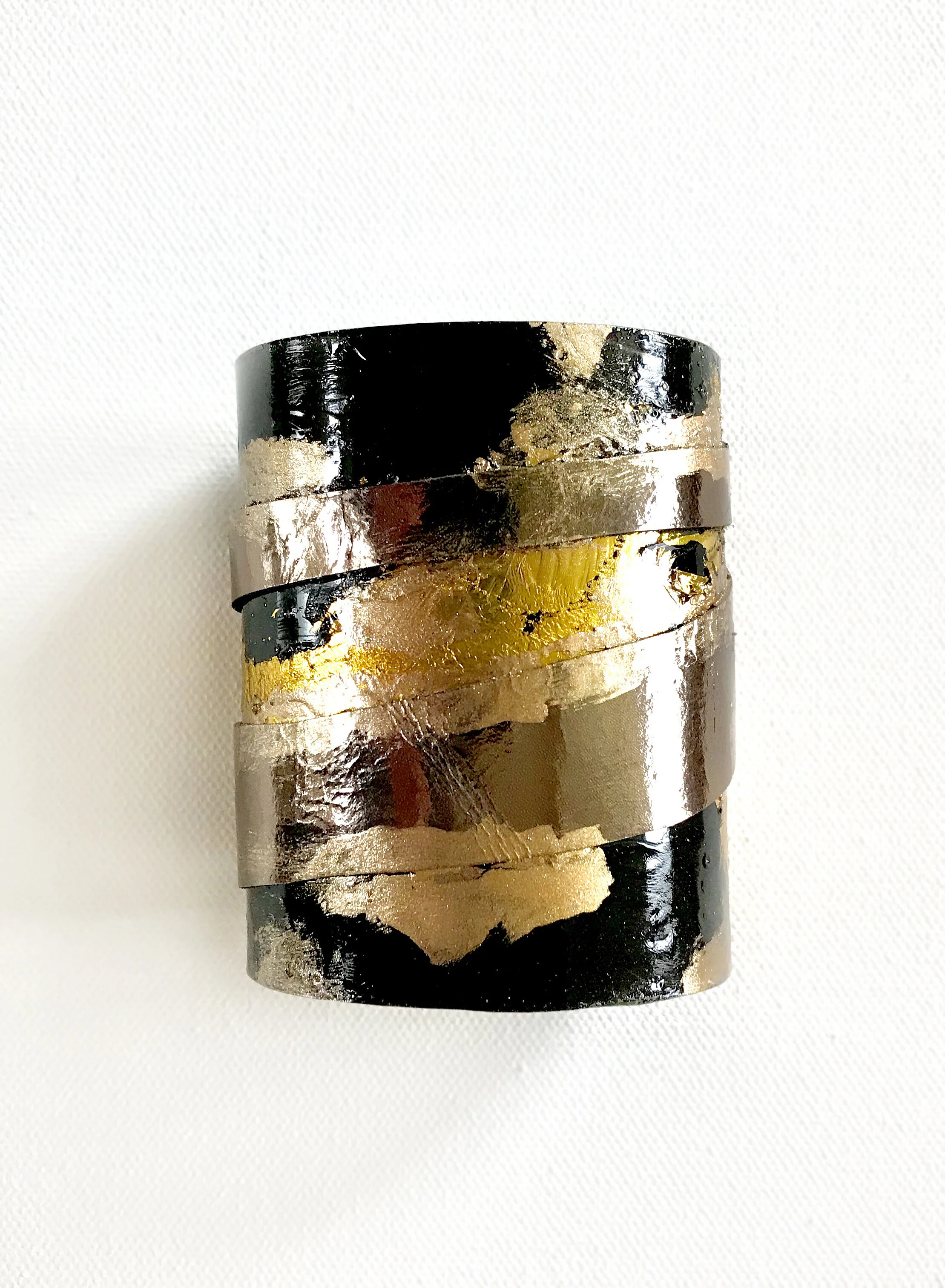 Black Painted Brass Gold Leaf Metallic Leather Cuff 
