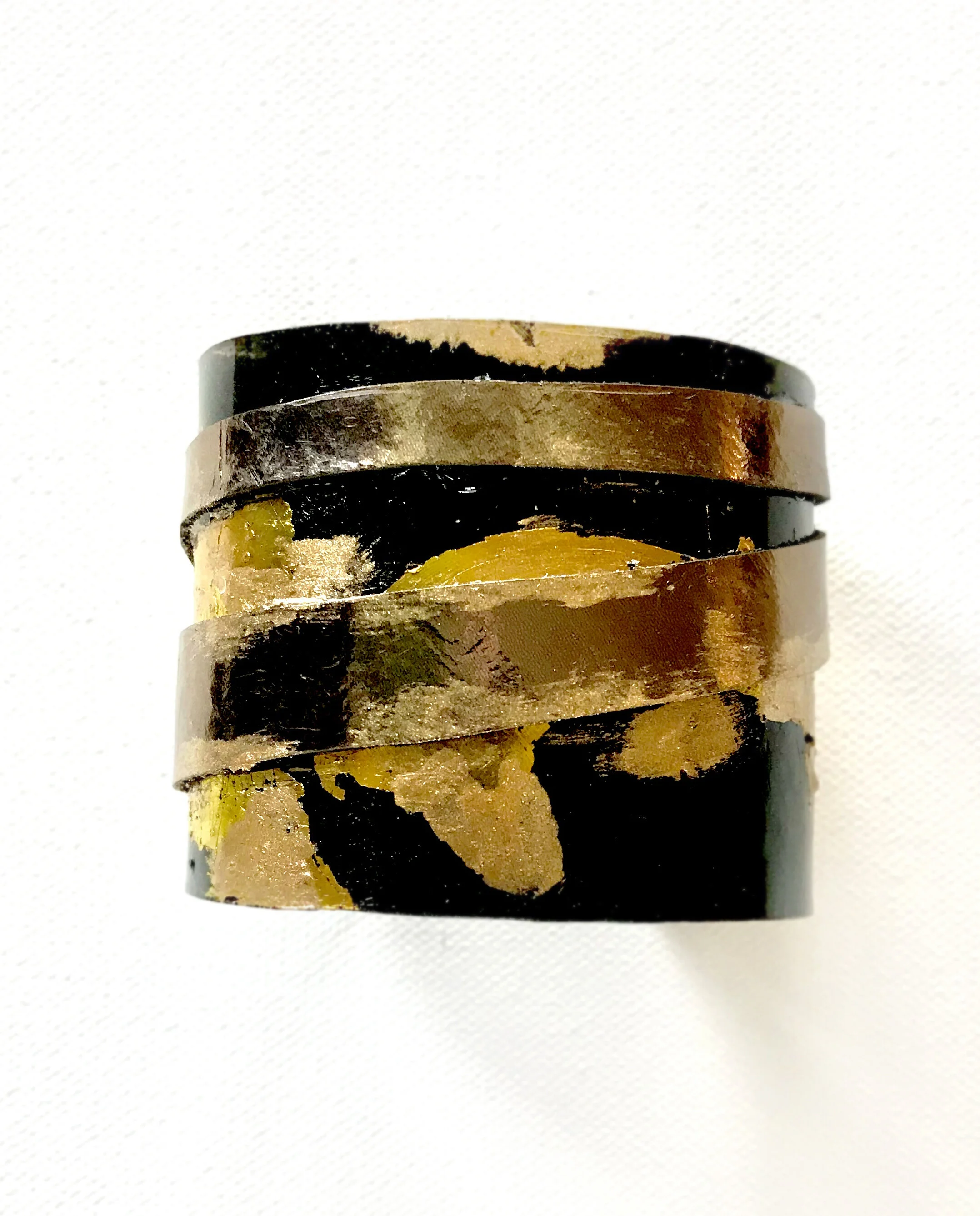Black Painted Brass Gold Leaf Metallic Leather Cuff 