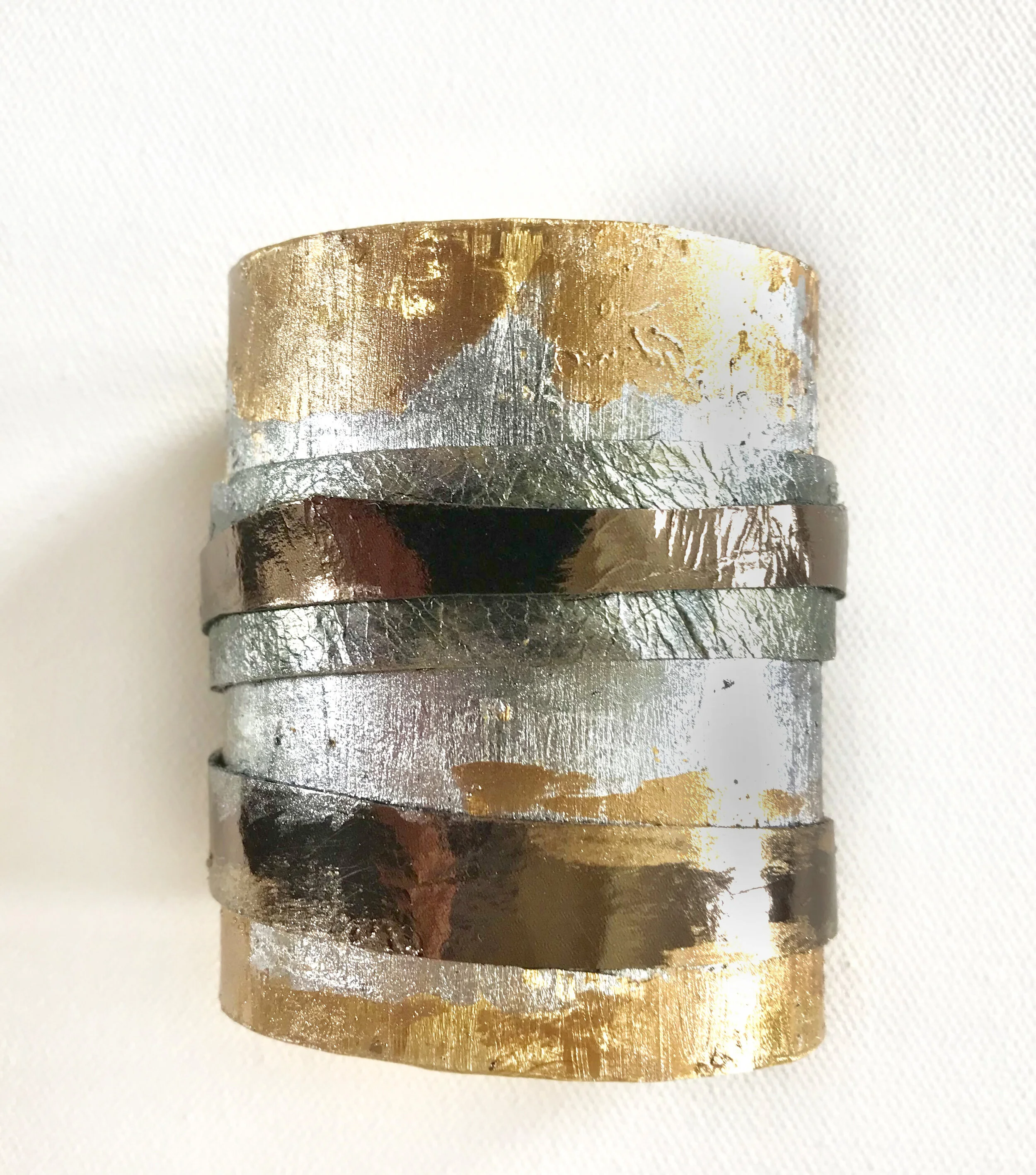 Hammered Brass Silver Leaf Metallic Leather Cuff 