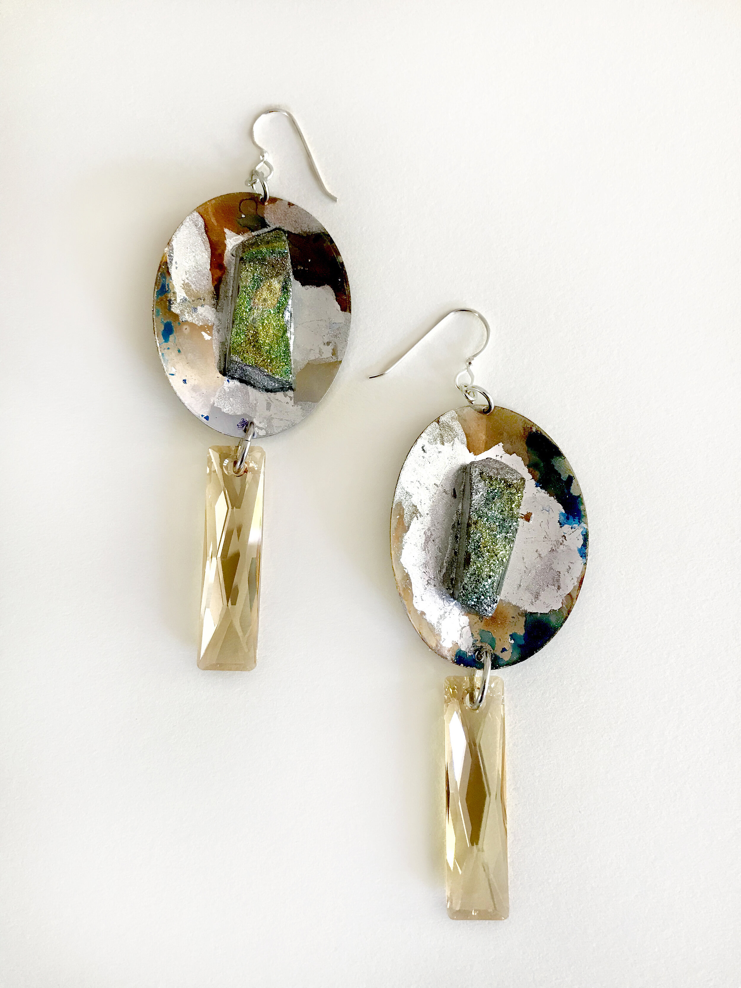 Oxidised Silver Leaf Discs Drusy Swarovski Baguette Earrings  