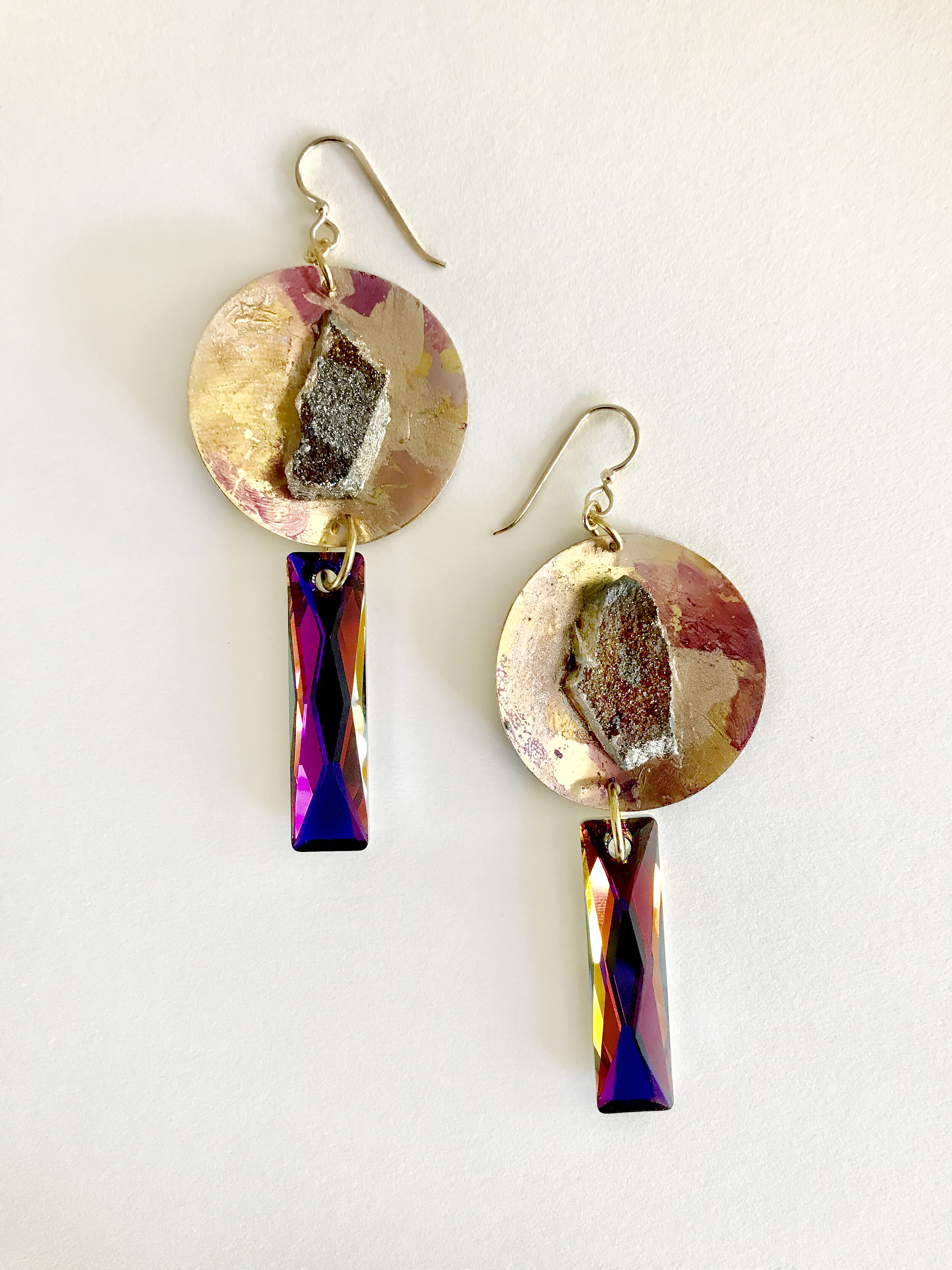 Painted Brass Discs Drusy Swarovski Baguette Earrings 