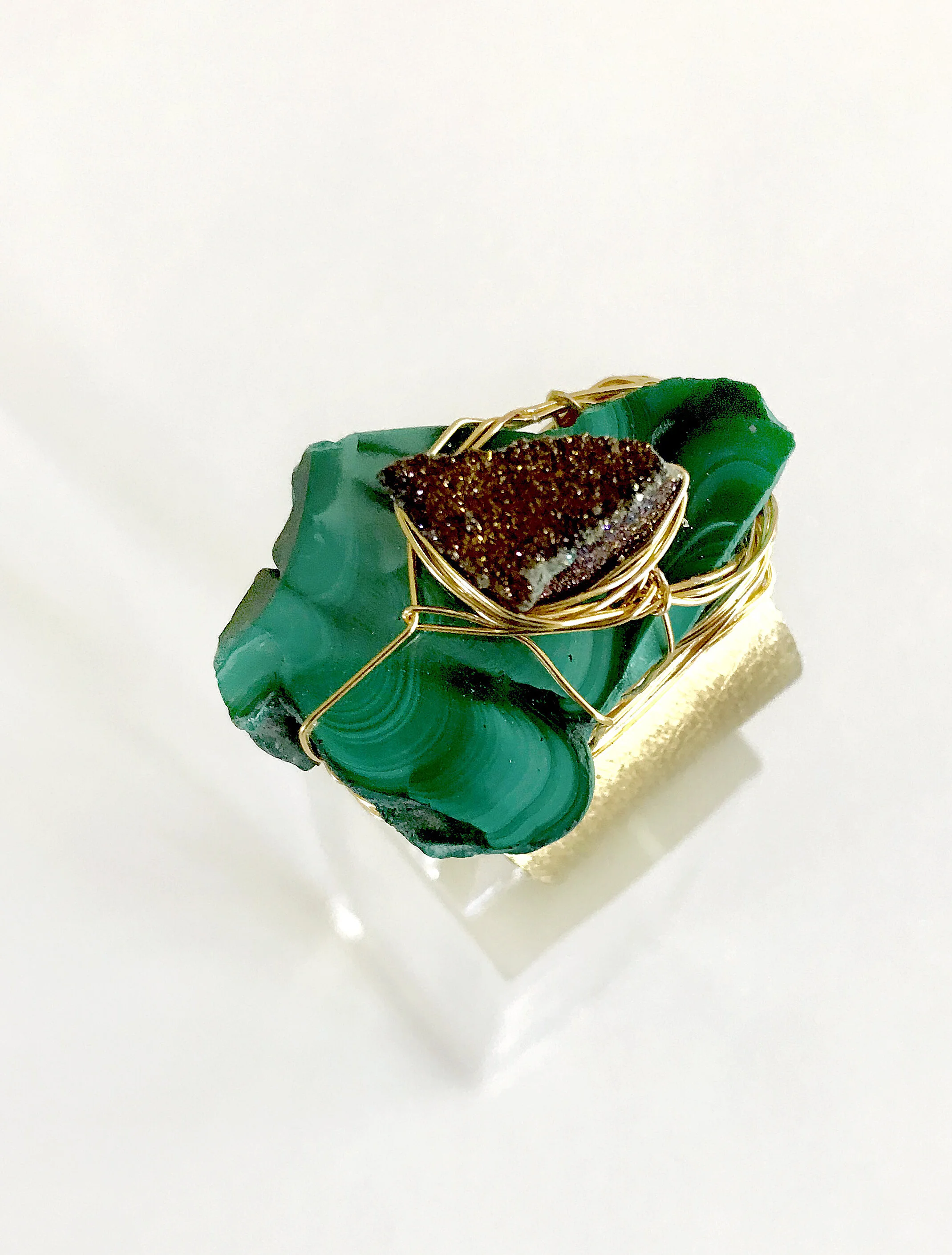 Brass Malachite Drusy Adjustable Ring 