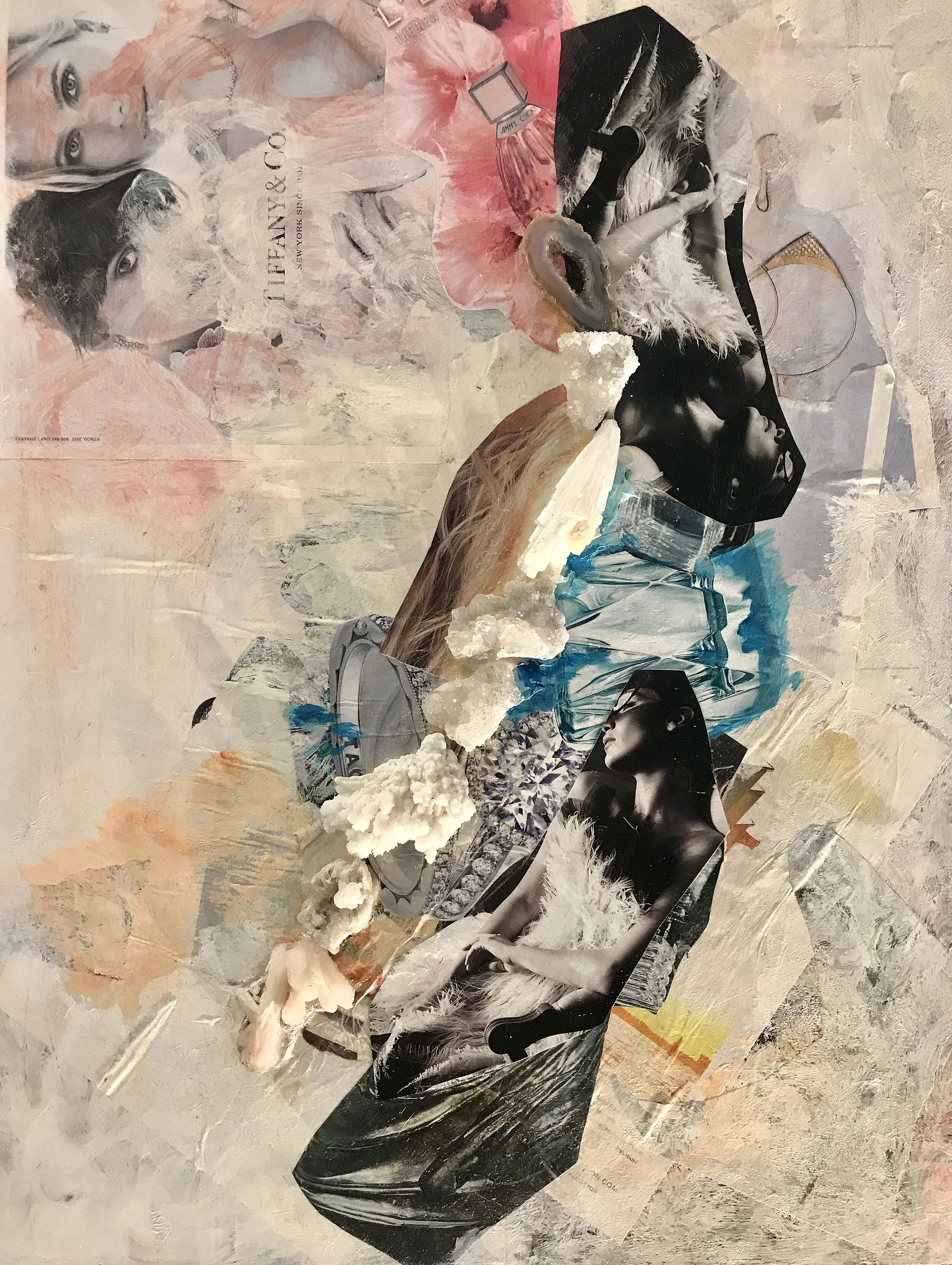 White Stone / Mixed Media Abstract / Geodes / Minerals / Acrylic &amp; Paper on Canvas 24x36 inches 