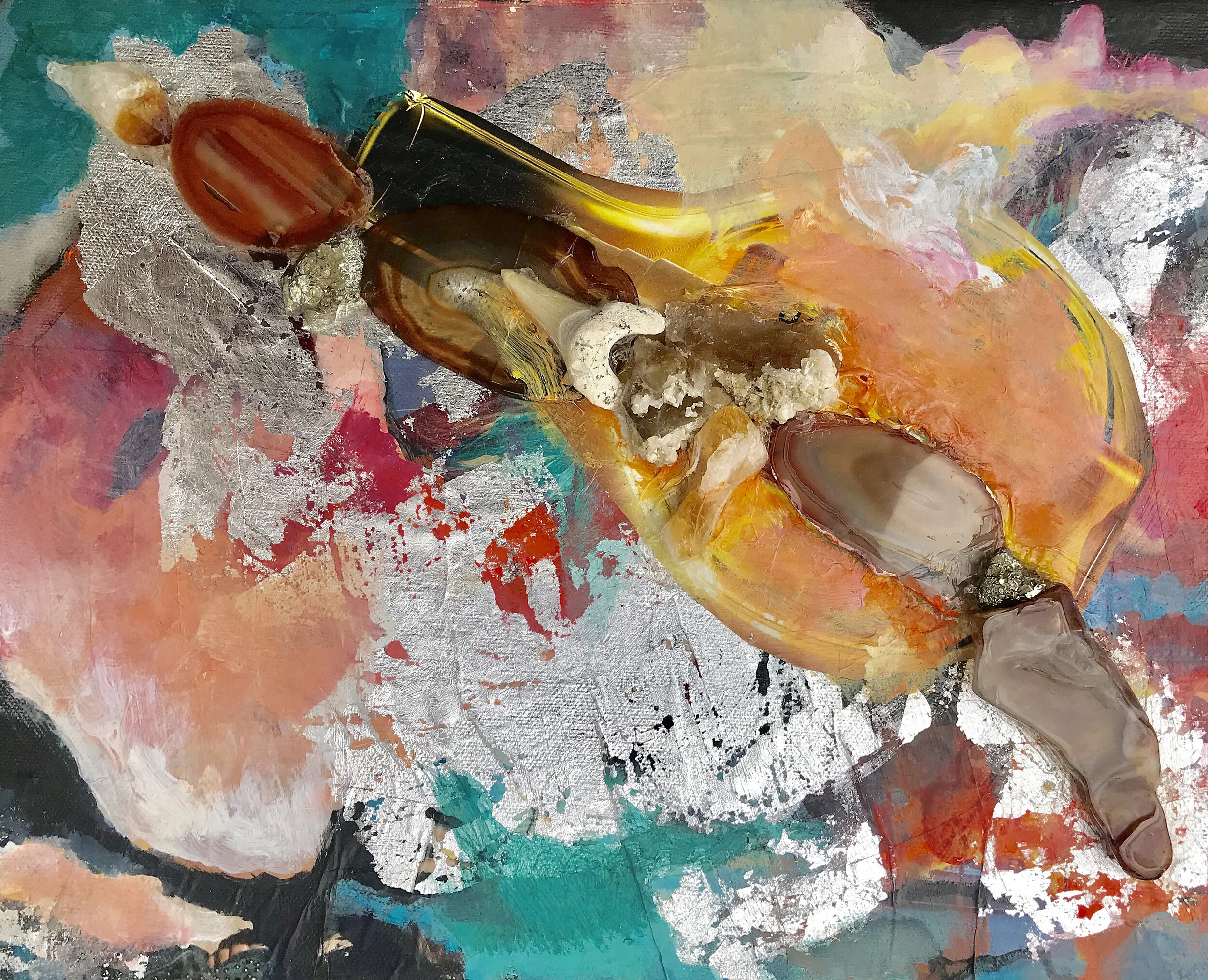 Silver Leaf Stone Abstract / Stark’s Tooth / Agate/ Paper / Acrylic on Canvas 8x12 inches 