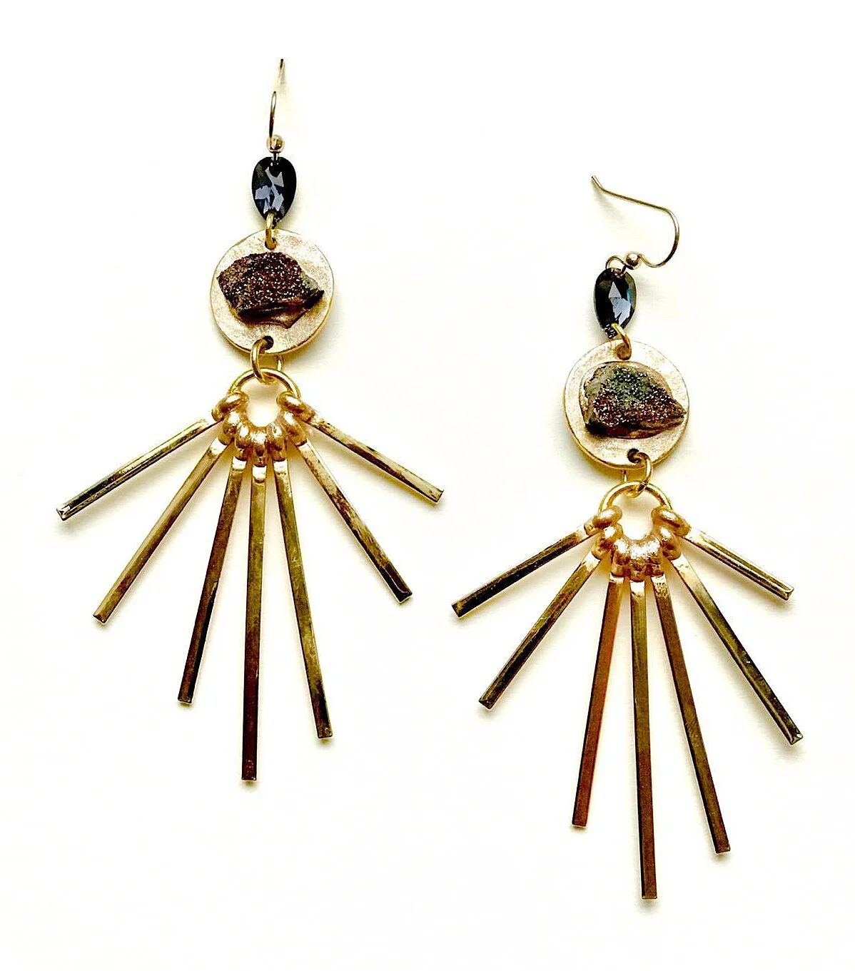 Gold Plated Drusy Swarovski Metal Fan Earrings