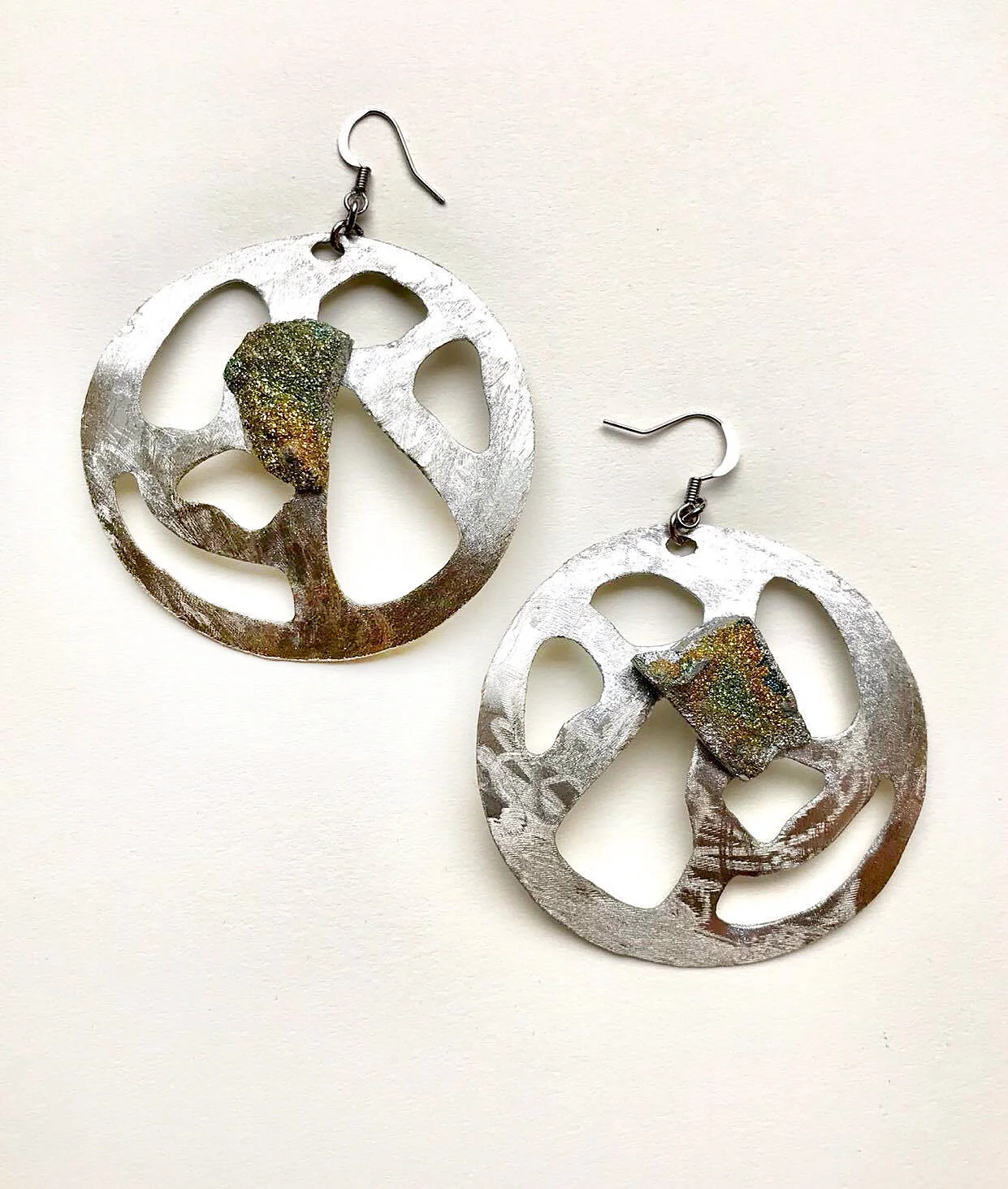 Hammered Silver Drusy Organic Metal Disc Earrings 