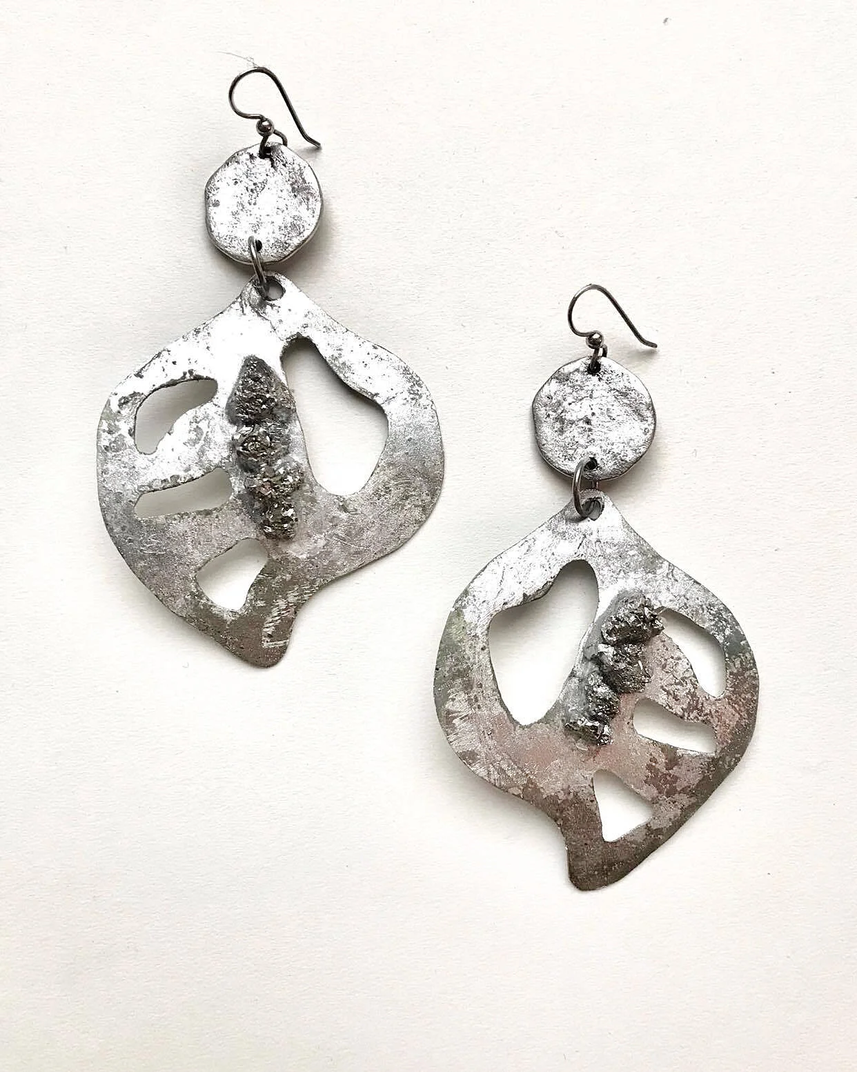 Pyrite Silver Leaf Hammered Metal Statement Earrings