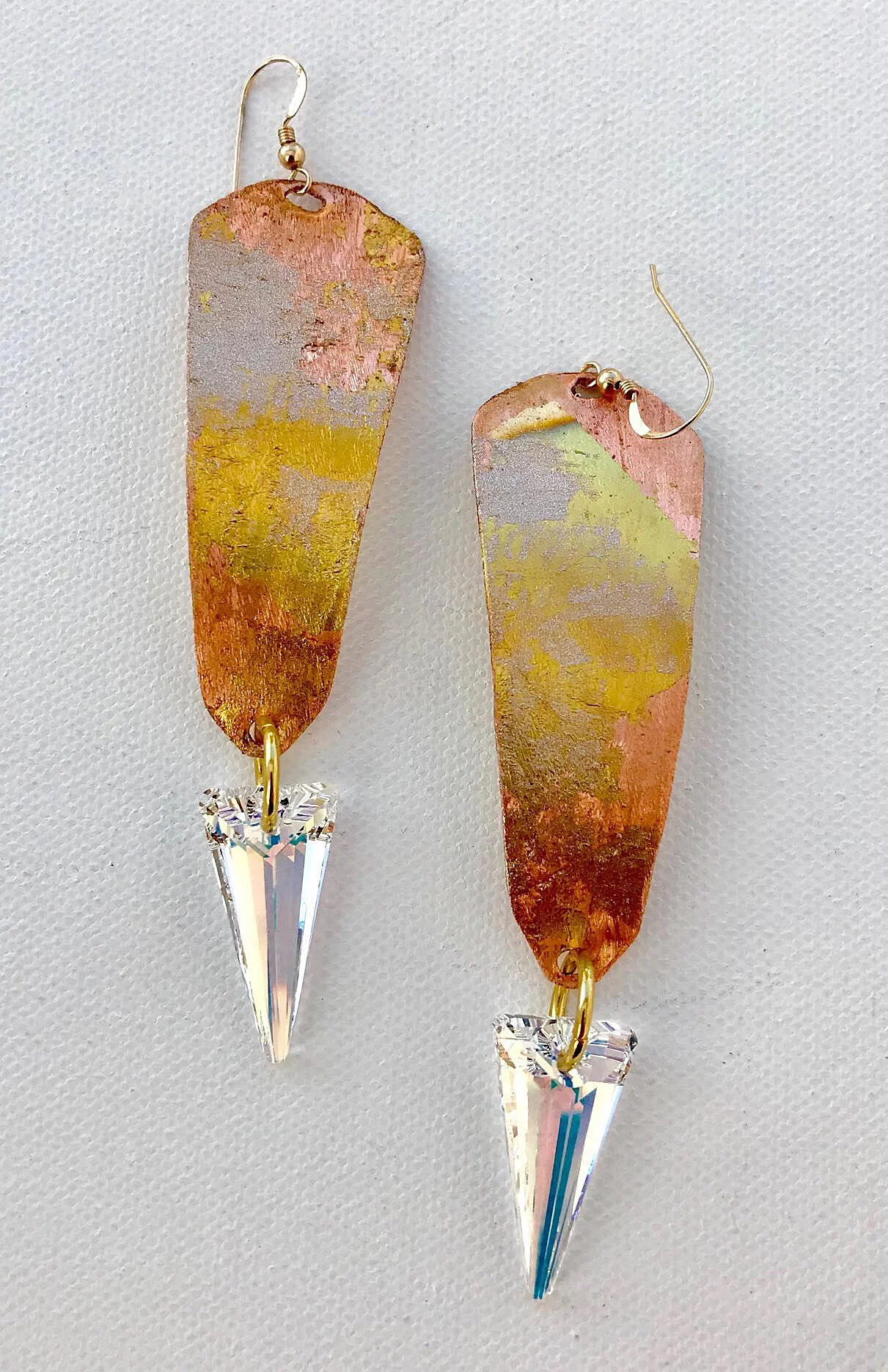 Gold Leaf Swarovski Hammered Copper Metal Spike Earrings