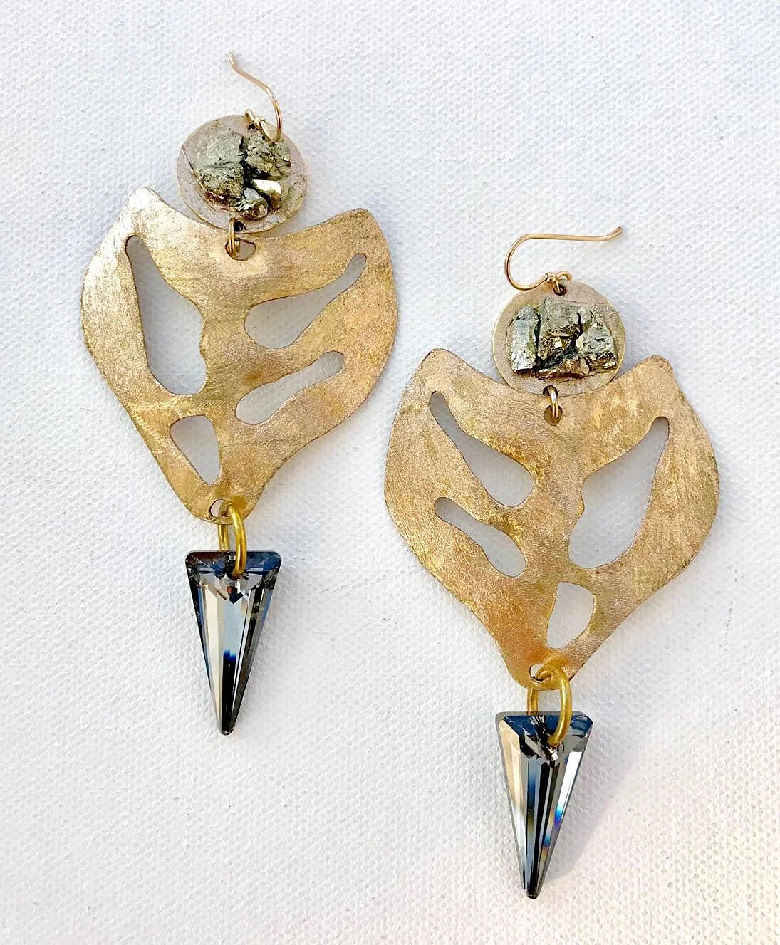 Swarovski Pyrite Brass Hammered Organic Metal Earrings 
