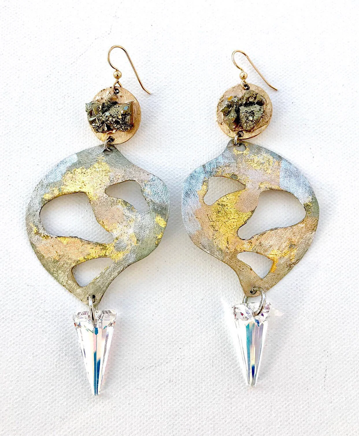 Swarovski Pyrite Gold Leaf Hammered Silver Metal Spike Earrings