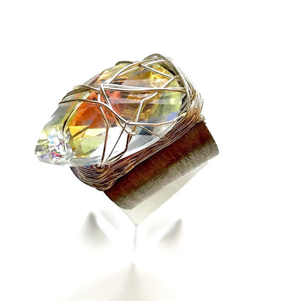 Silver Swarovski Aurora Borealis Adjustable Ring