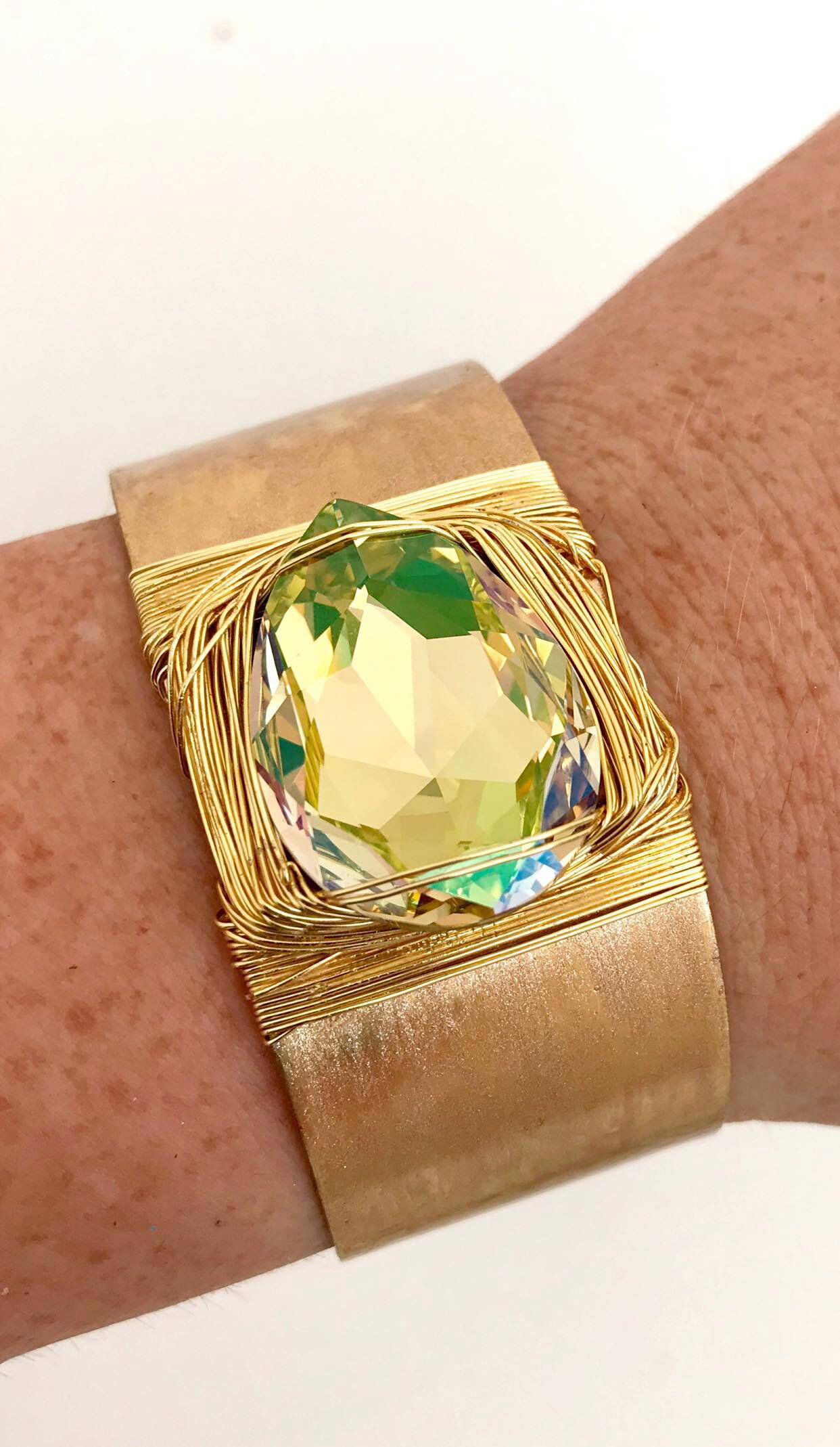 Slim Yellow Diamond Swarovski Hammered Brass Cuff