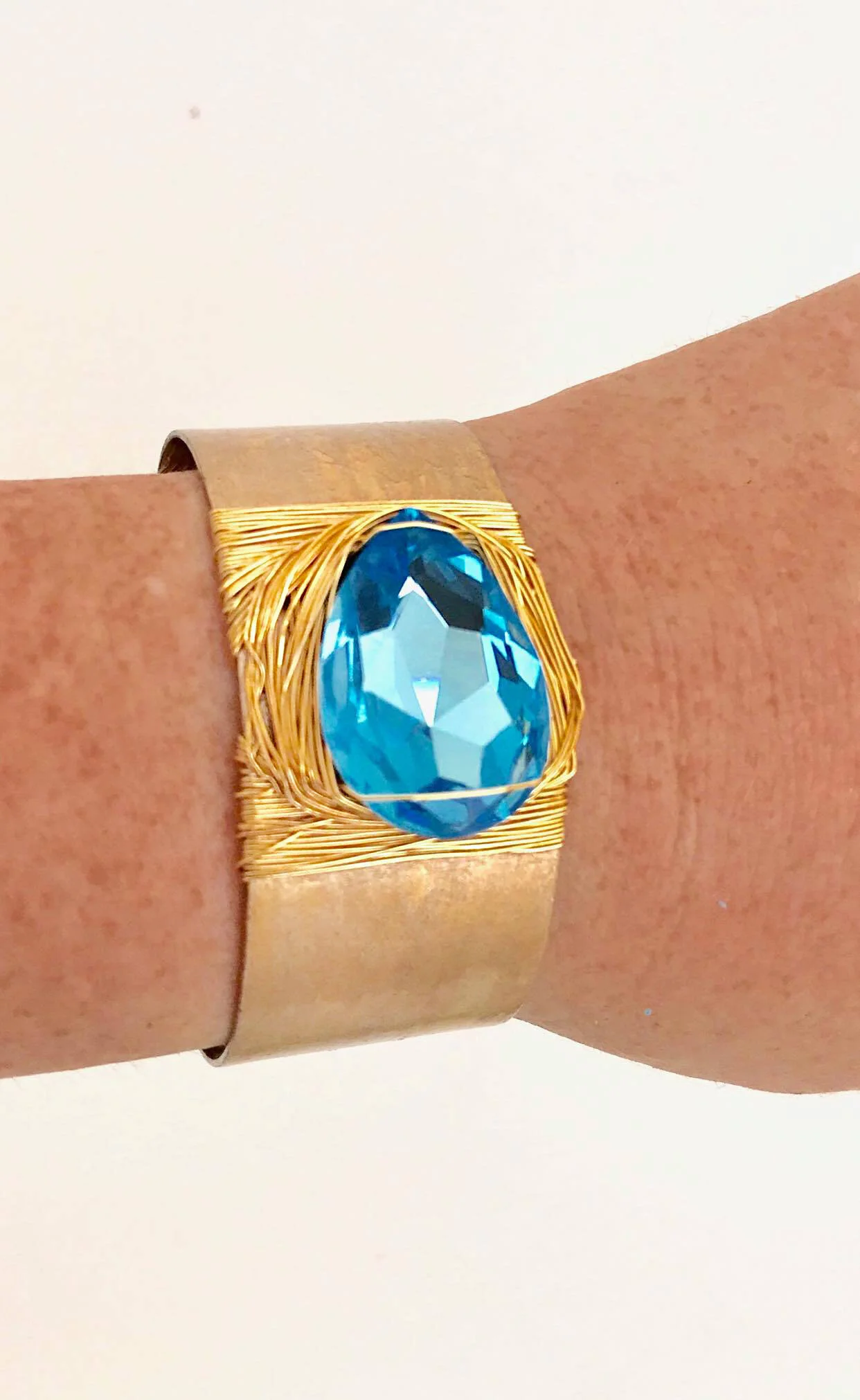 Aqua Swarovski Hammered Brass Cuff