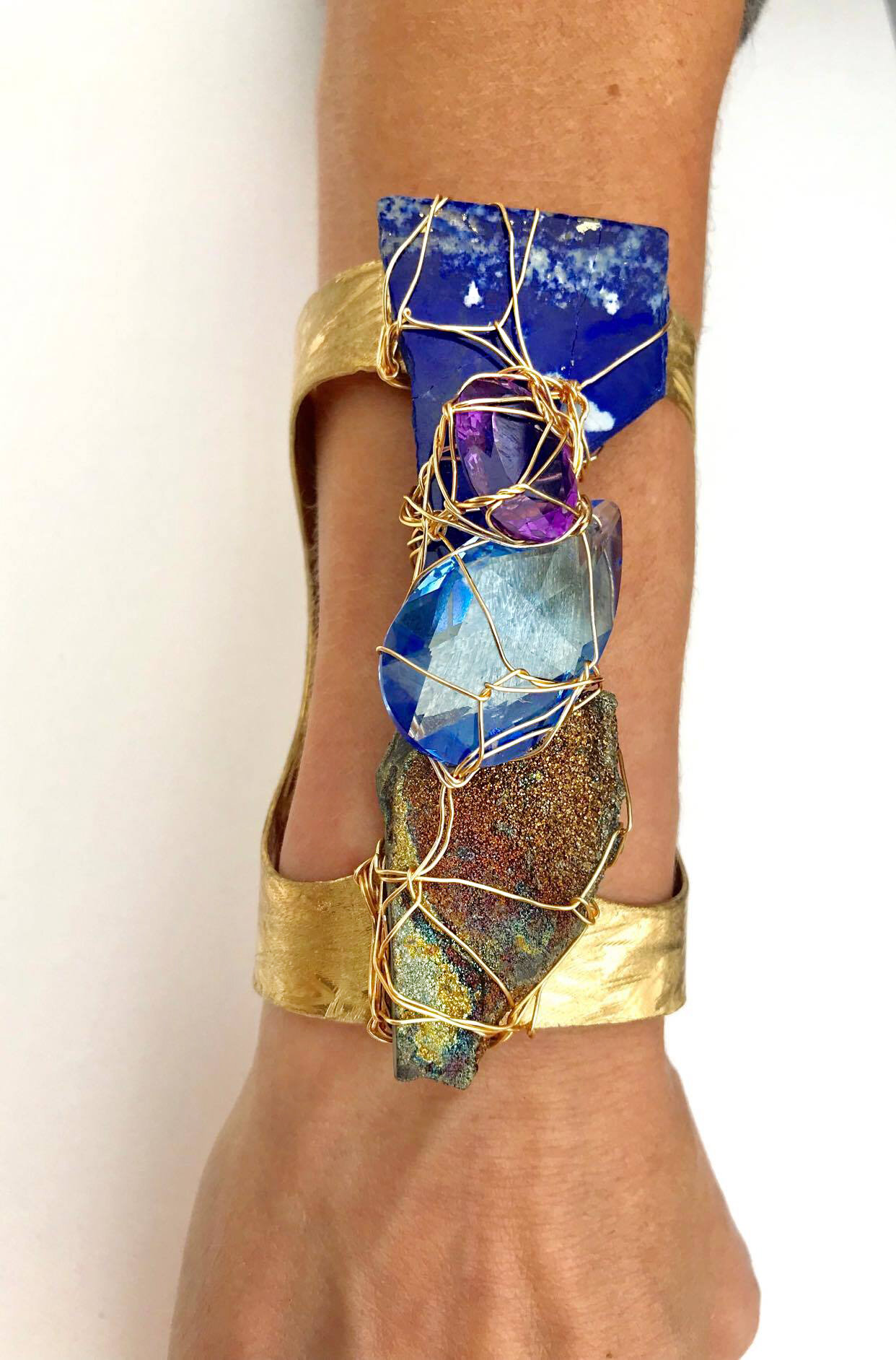 Lapis Swarovski Drusy Hammered Brass Statement Cuff
