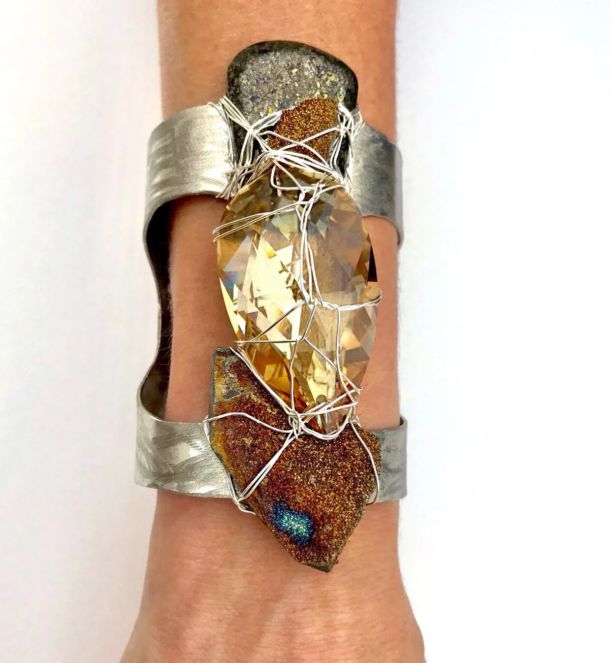 Swarovski Pyrite Drusy Hammered Silver Statement Cuff