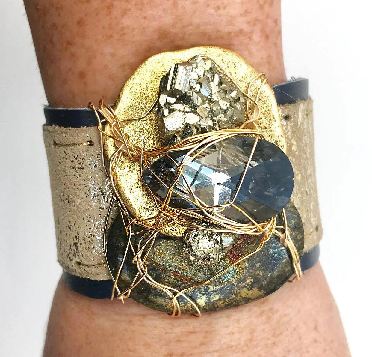 Mixed Leather Swaorvski Pyrite Leather Cuff