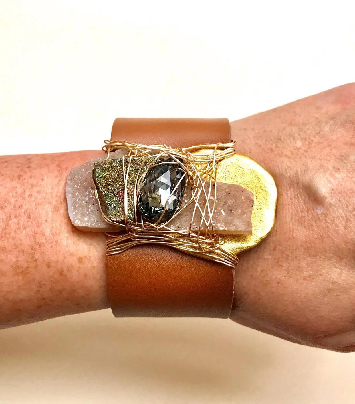 Swarovski Drusy Plated Pewter Carmel Leather Cuff
