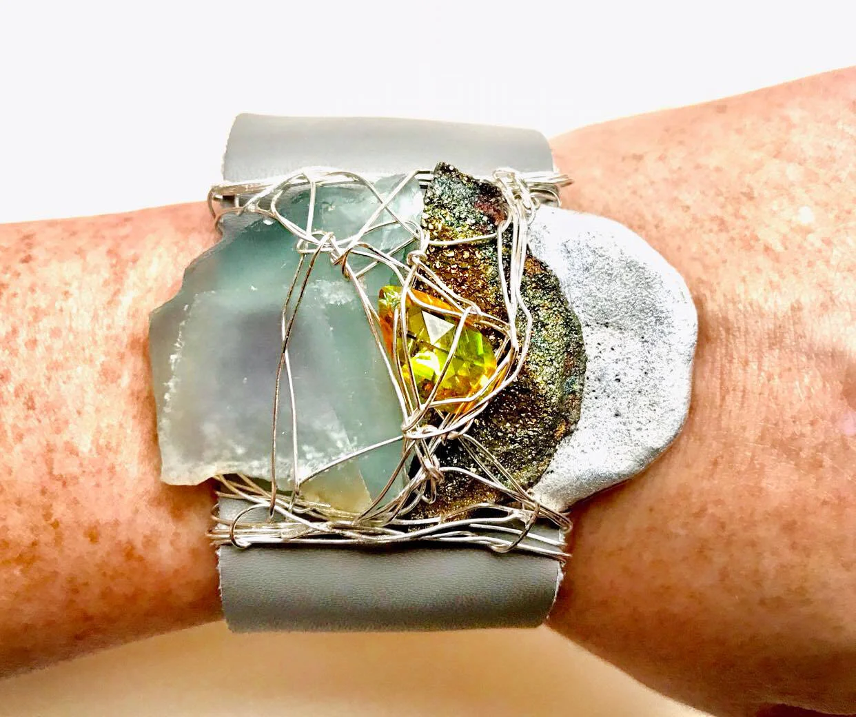 Fluorite Swarovski Drusy Gray Leather Cuff