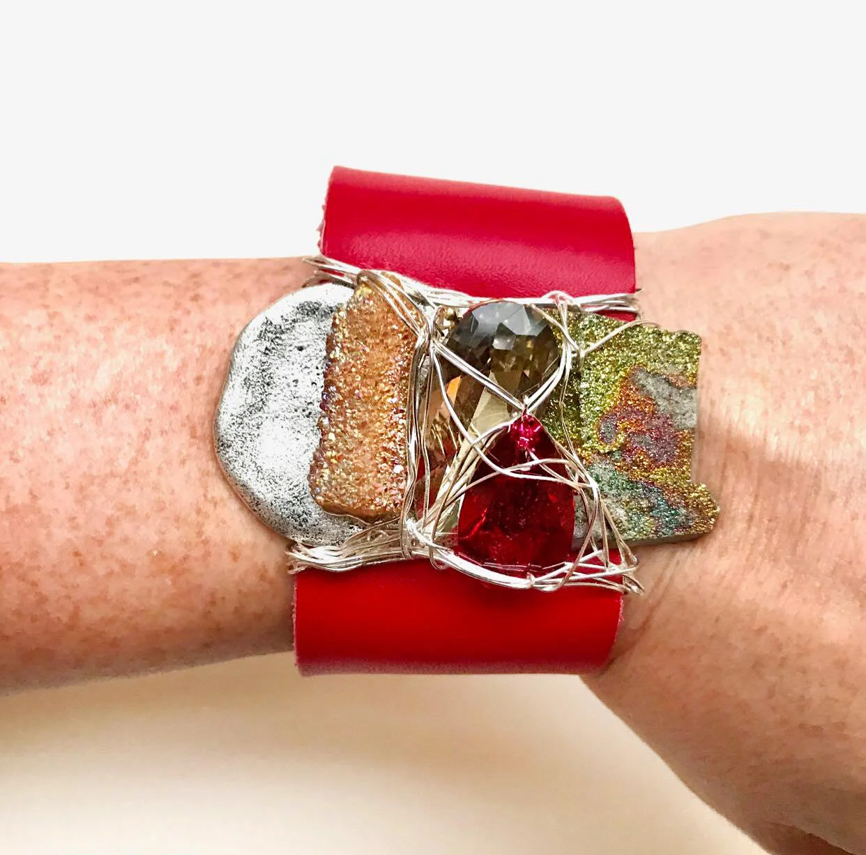 Pewter Swarovski Drusy Cherry Leather Cuff