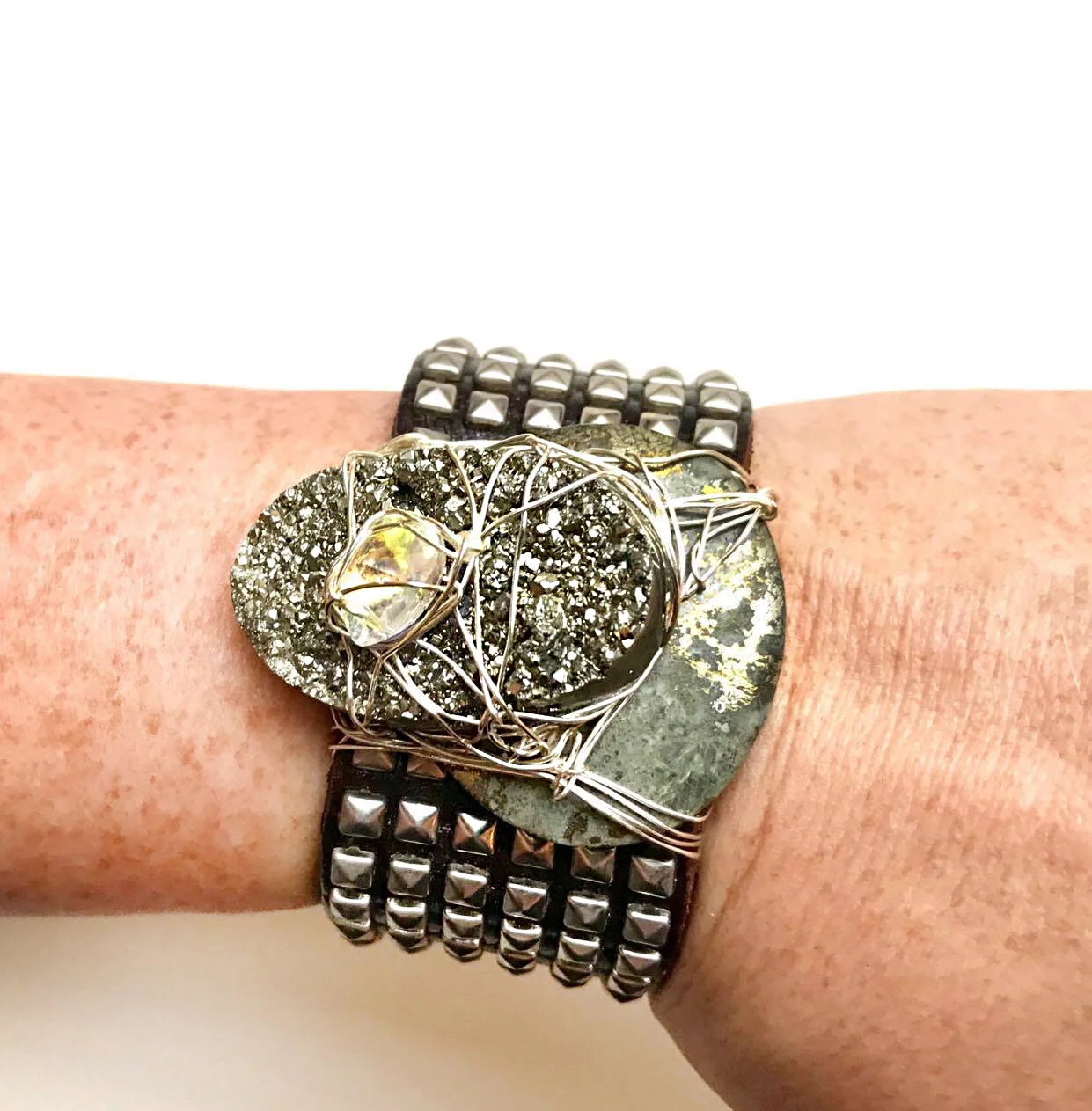 Studded Silver Pyrite Swarovski Cuff