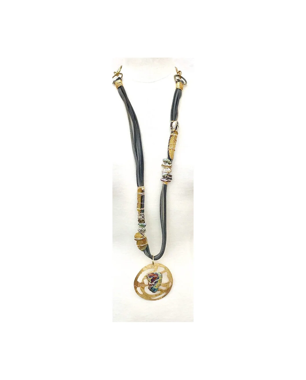 Suede Leather Drusy Hammered Brass Necklace