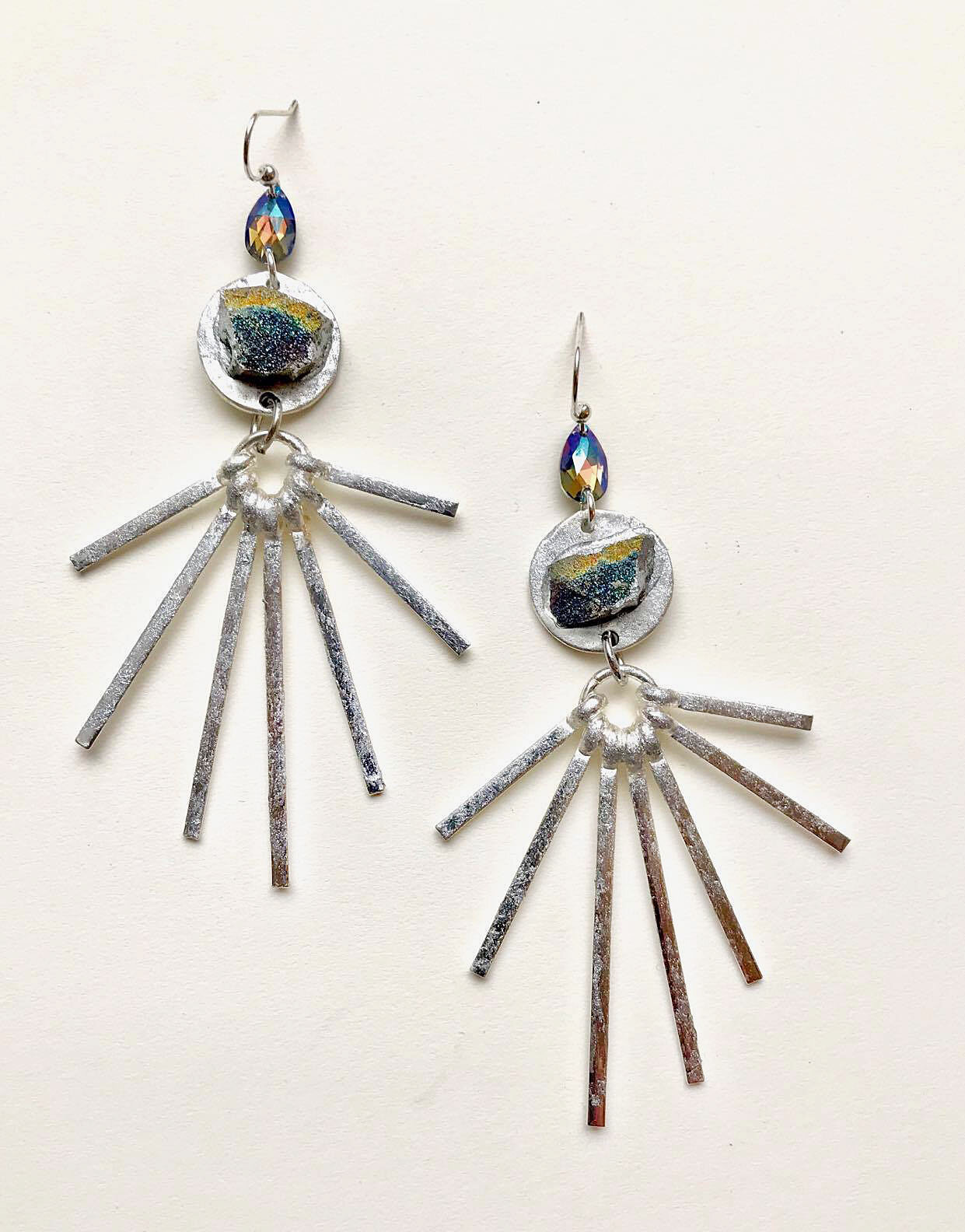 Drusy Swarovski Silver Plated Metal Fan Earrings