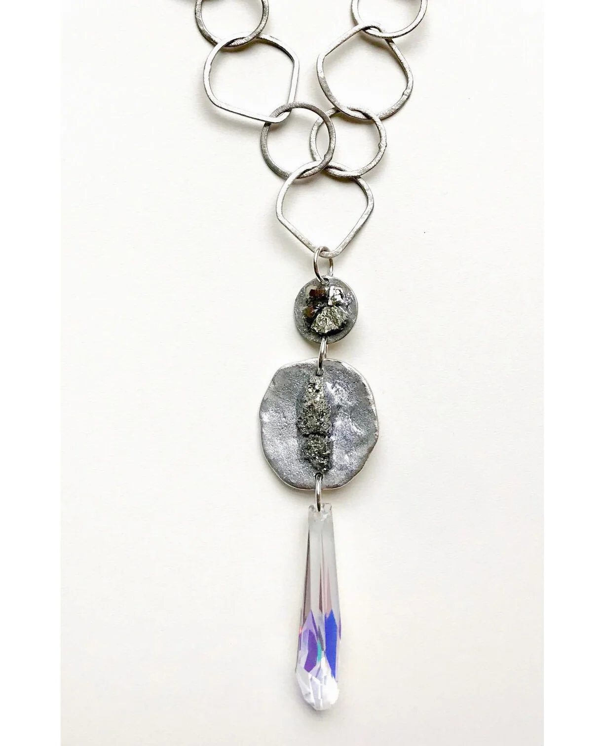 Pewter Pyrite Swarovski Casted Pendant on Silver Plated Link Chain
