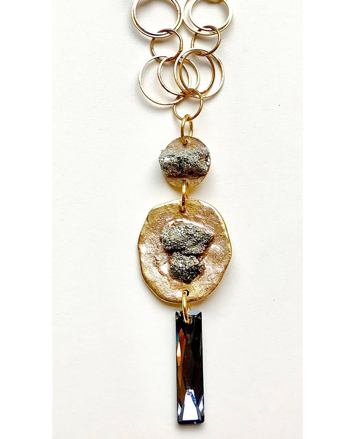 Gold Plated Pewter Pyrite Swarovski Casted Pendant on Gold Plated Link Chain