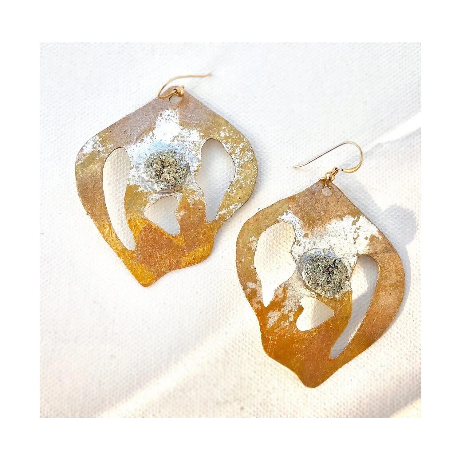 Pyrite Brass Silver Hammered Leaf Earrings 