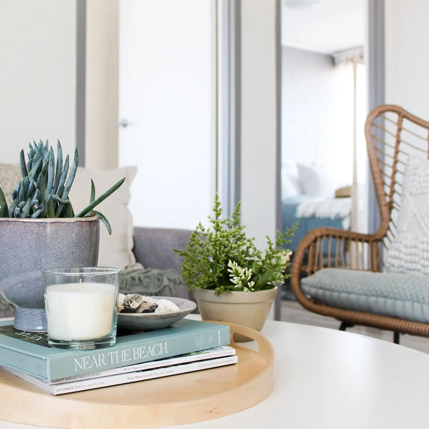 Styling tip from a Glenelg project: if your coffee table styling feels a bit lost or spread out, start with a platter.⁠
⁠
It sounds simple&mdash;but adding that one base layer helps to visually contain your styling and gives everything more presence.