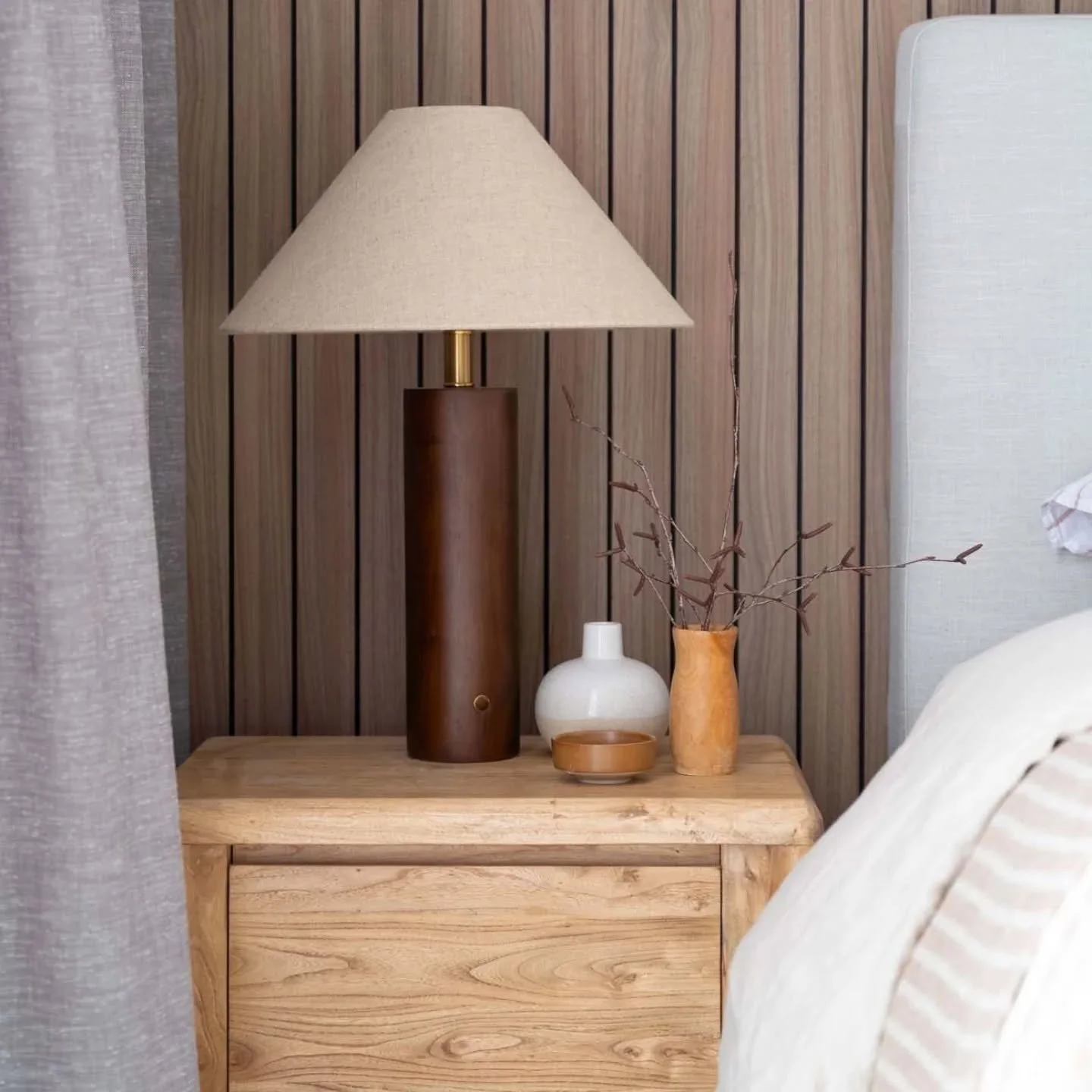 A lovely little vignette in this Mount Barker master bedroom showing that you don't have to match the timbers in your home. ⁠
⁠
This bedroom shows you that actually using both light and dark timber tones creates a lovely depth and layering that can't