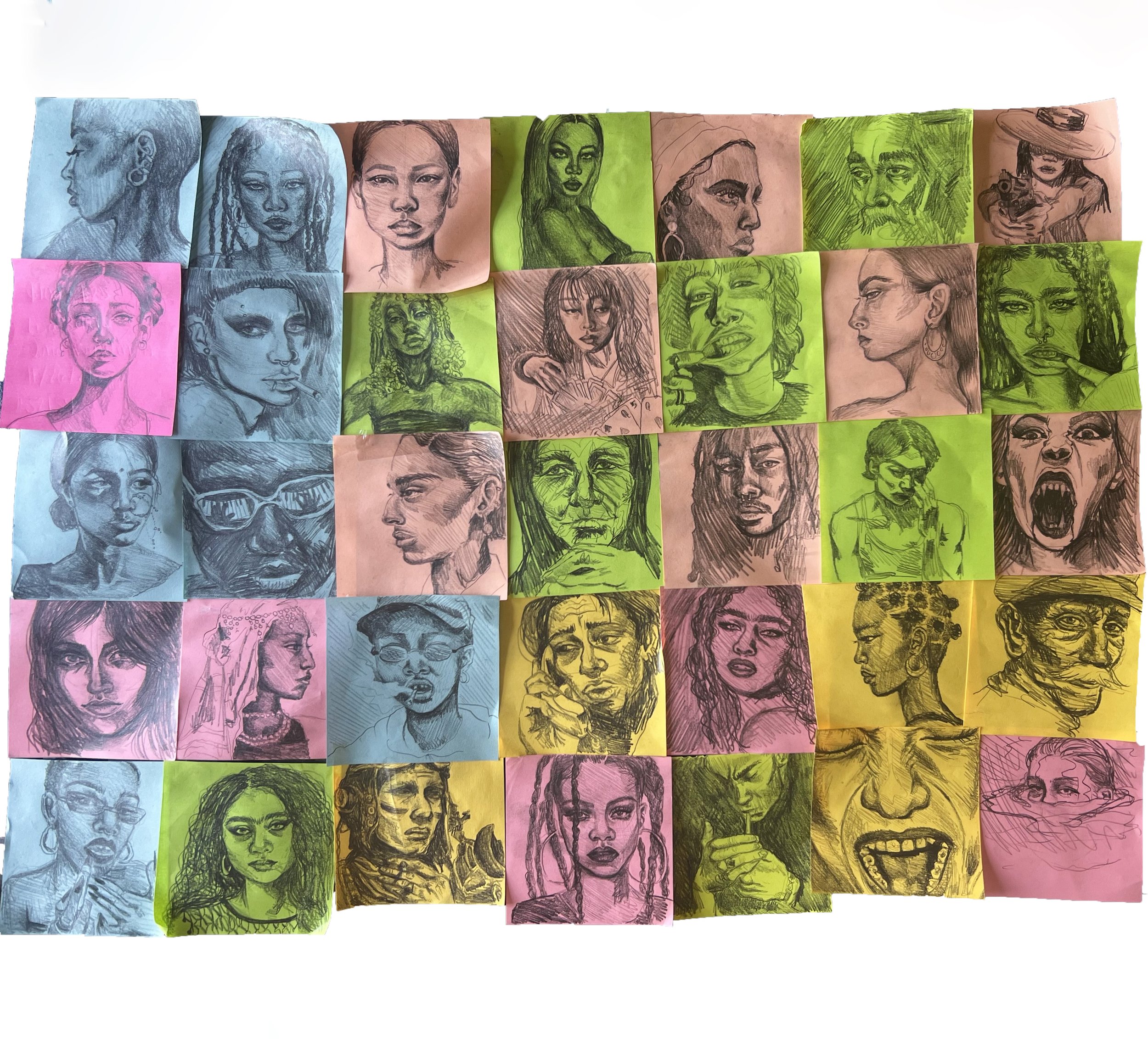 post-it portraits, graphite on post-it notes