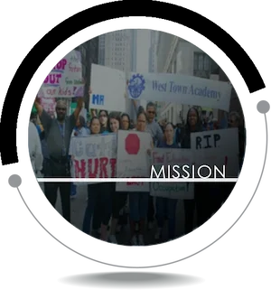 Community group holding signs outside West Town Academy with a prominent Mission banner