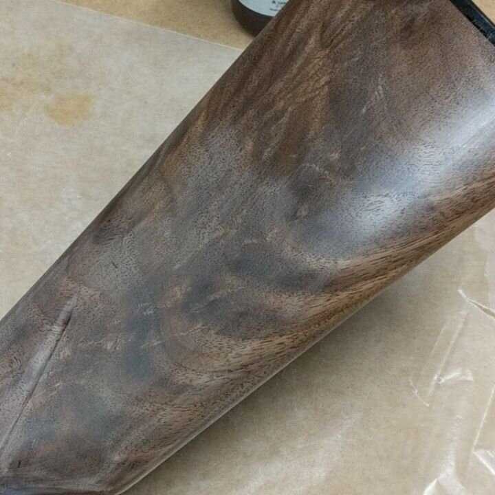 Making some good progress on the rifle stock, thanks to @birchwoodcasey and the magic of walnut.  This is probably my favorite finish and it makes that grain pop!  I'm anxious to reveal how the engraving that @brudaddy did turned out 🤜💥