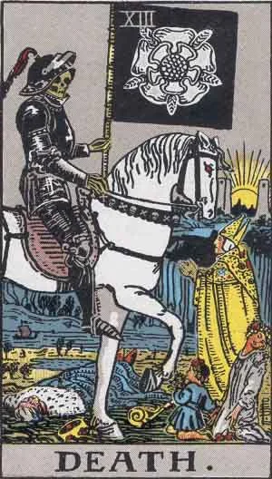 The metaphorical representation of death in the Tarot denotes inevitable change and transformation. It is a representation of beginnings as much as a representation of endings. Image: Pamela Coleman Smith - public domain.