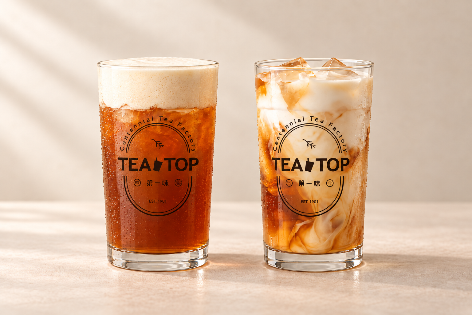 108 King Oolong Tea with milk foam and fresh milk in TEA TOP branded cups — AI-retouched presentation.