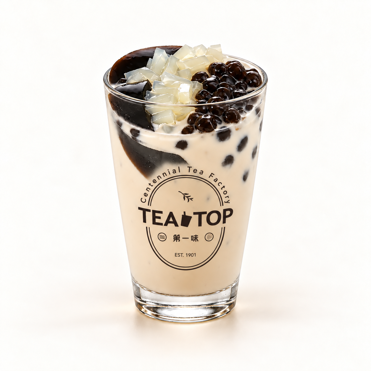 Earl Grey Milk Tea with 3Q in a TEA TOP branded glass — AI-retouched presentation.