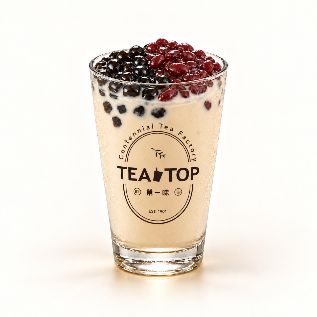 Pearl Milk Tea with Red Beans in a TEA TOP branded glass — AI-retouched presentation.