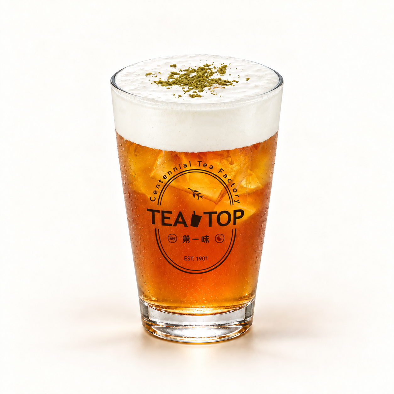 Milk Foam Oolong Tea in a TEA TOP branded glass — AI-retouched presentation.
