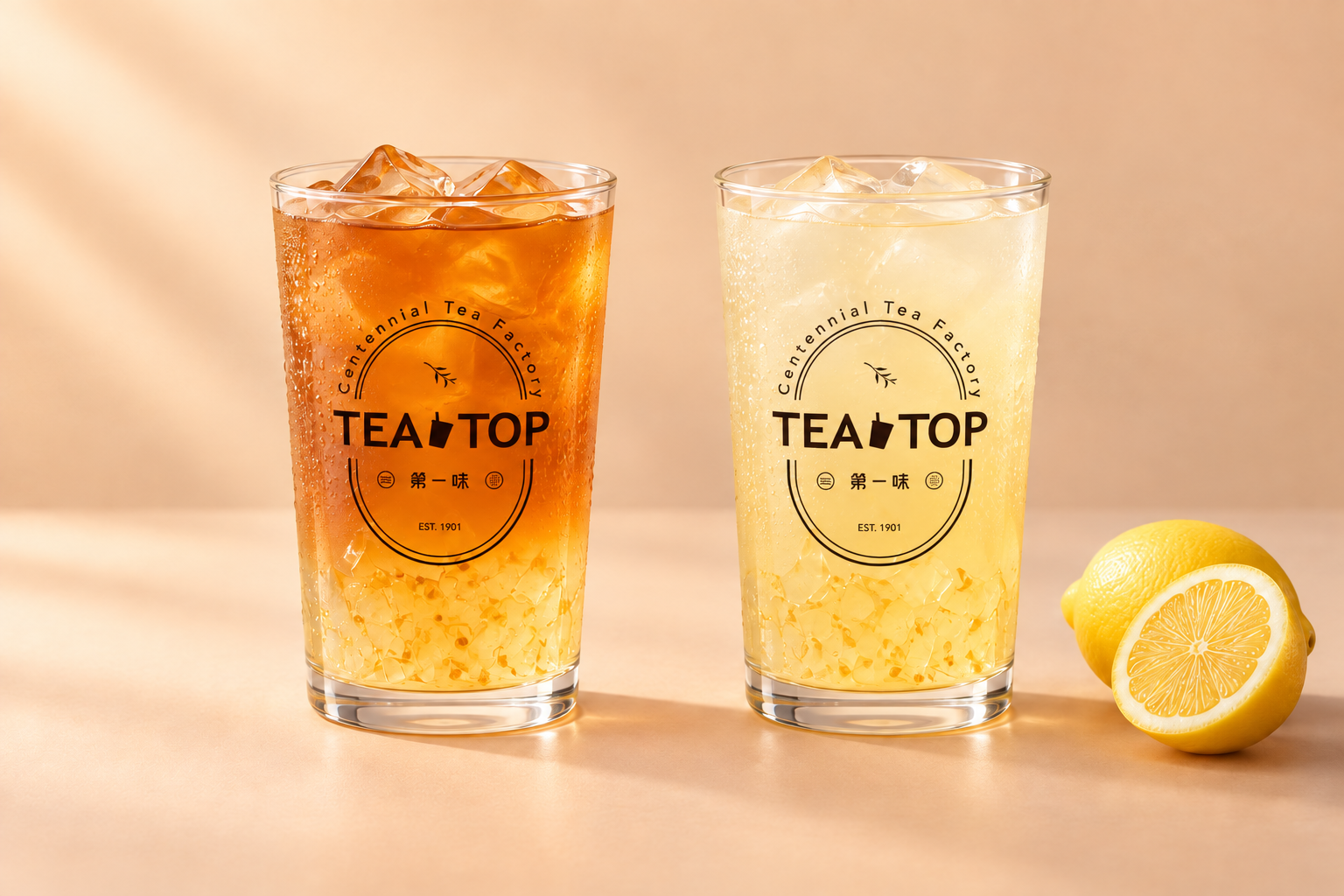 108 King Oolong Tea and Honey Lemon Tea with osmanthus jelly in TEA TOP branded cups — AI-retouched presentation.