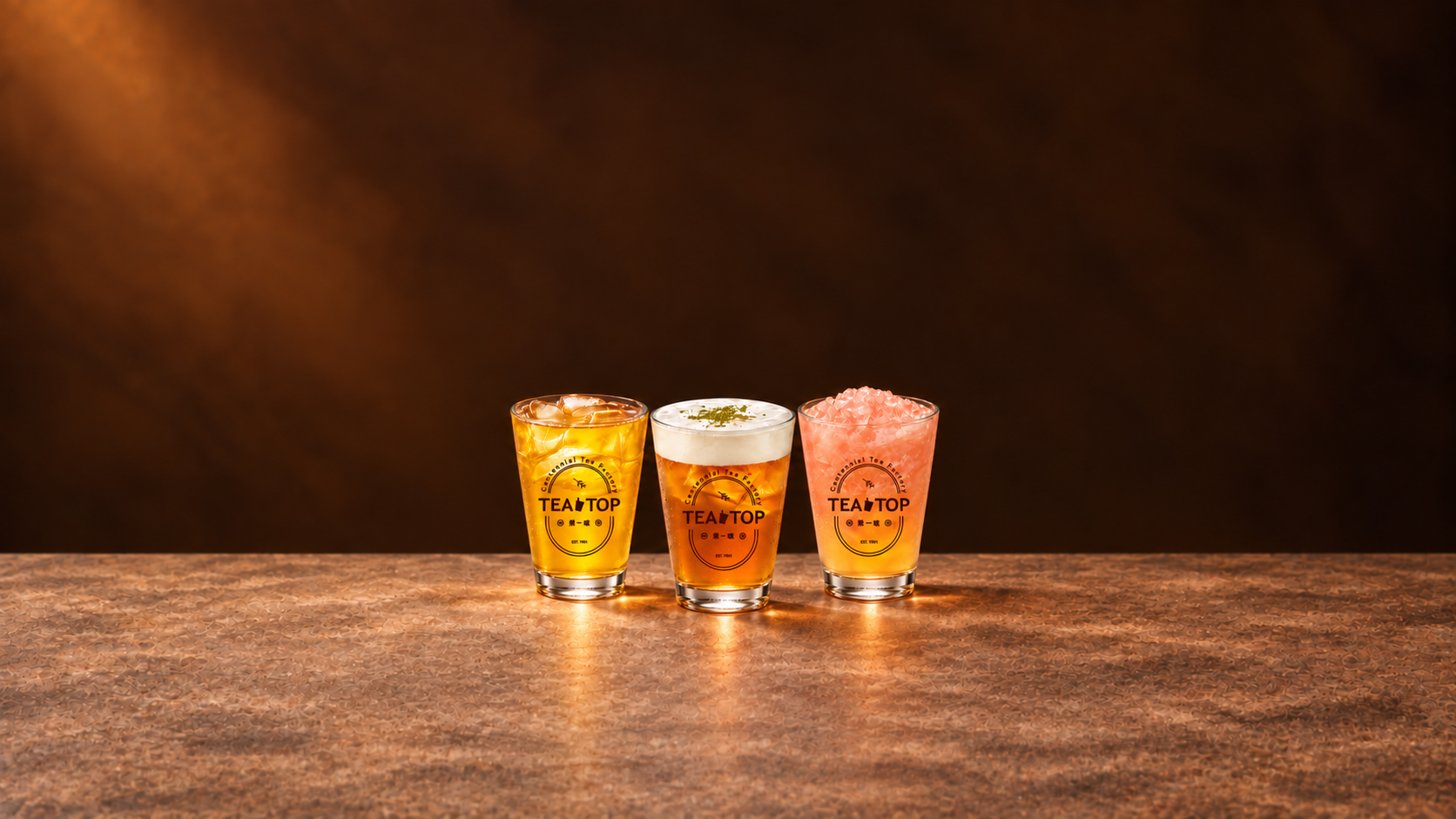 Three TEA TOP branded drinks from our Top 10 collection. AI-retouched presentation.