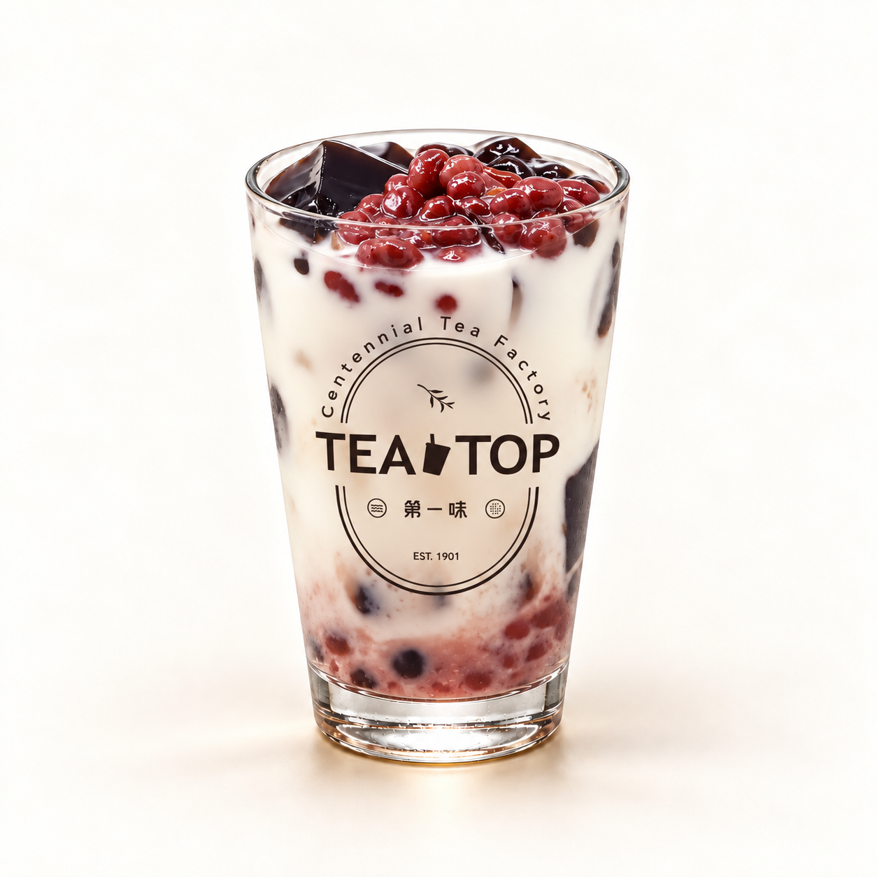 Fresh Milk Trifecta in a TEA TOP branded glass — AI-retouched presentation.