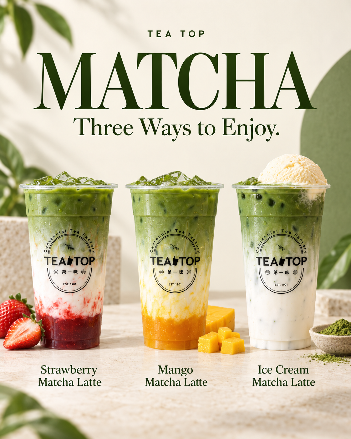 TEA TOP Matcha Series: Strawberry Matcha Latte, Mango Matcha Latte and Ice Cream Matcha Latte. AI-retouched product presentation.