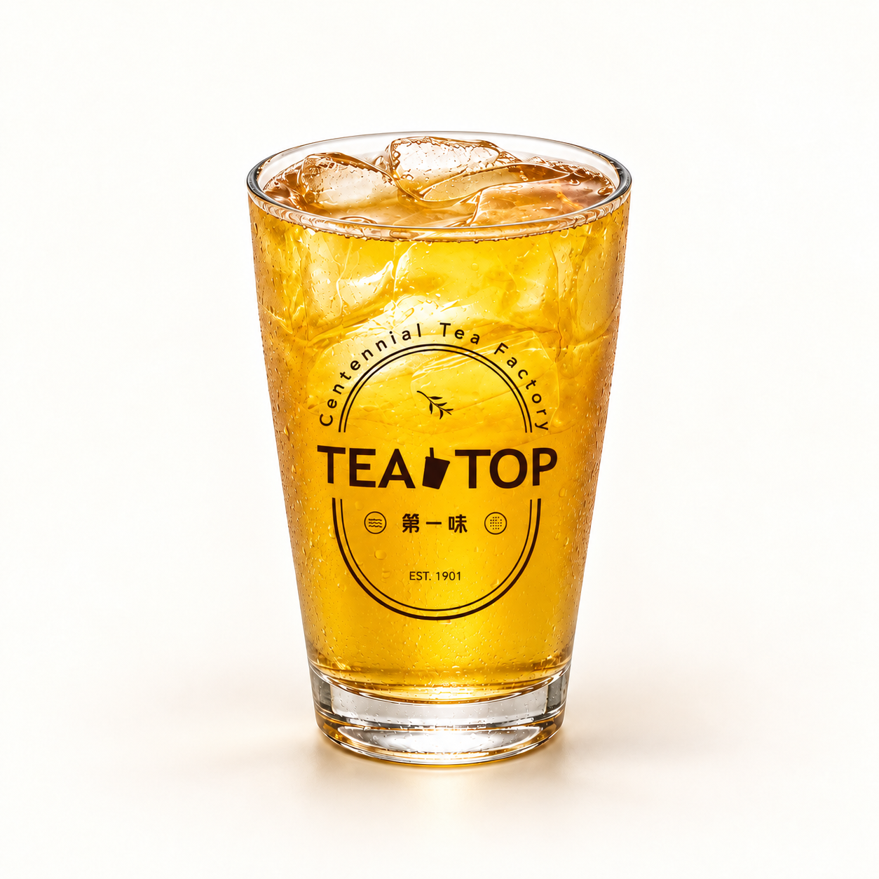 Signature Alpine Green Tea in a TEA TOP branded glass — AI-retouched presentation.