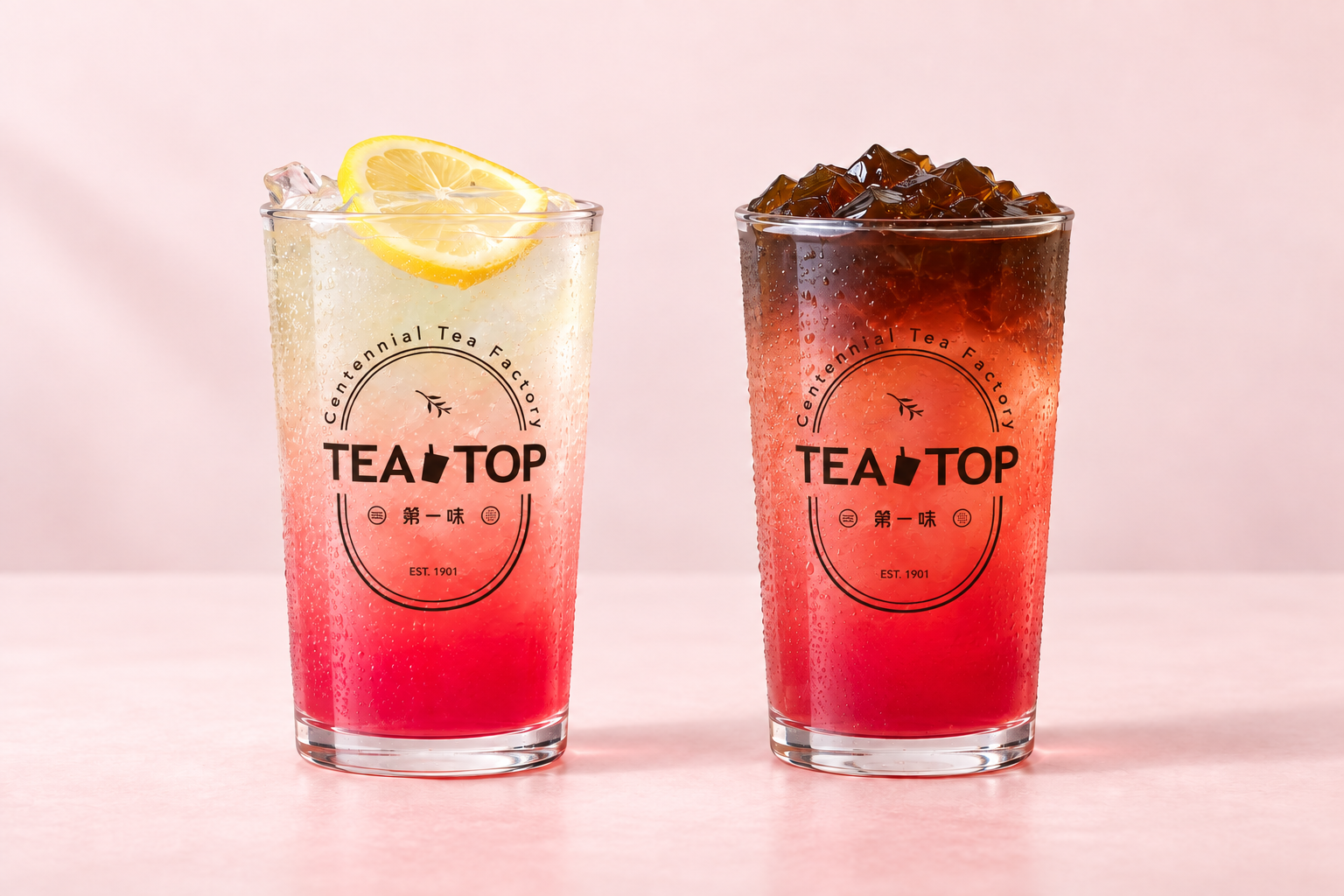 Peachy Lemon Rose Fizz and Peachy Rose Fizz with Tea Jelly in TEA TOP branded cups — AI-retouched presentation.