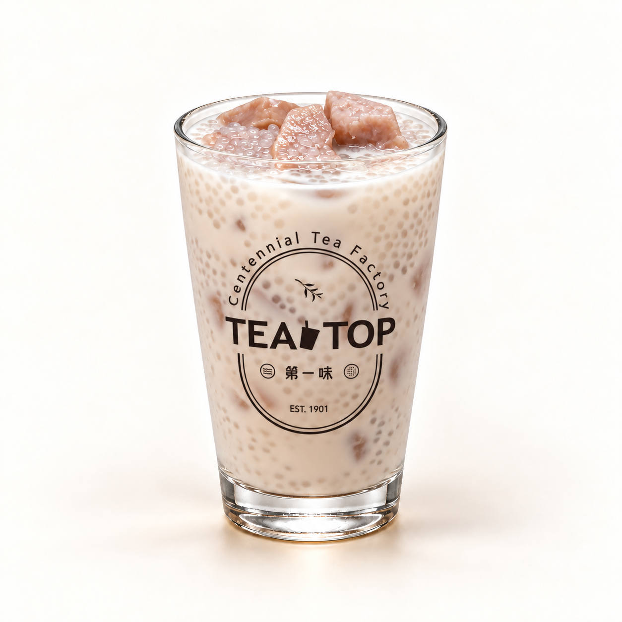 Taro Milk Tea with Sago in a TEA TOP branded glass — AI-retouched presentation.