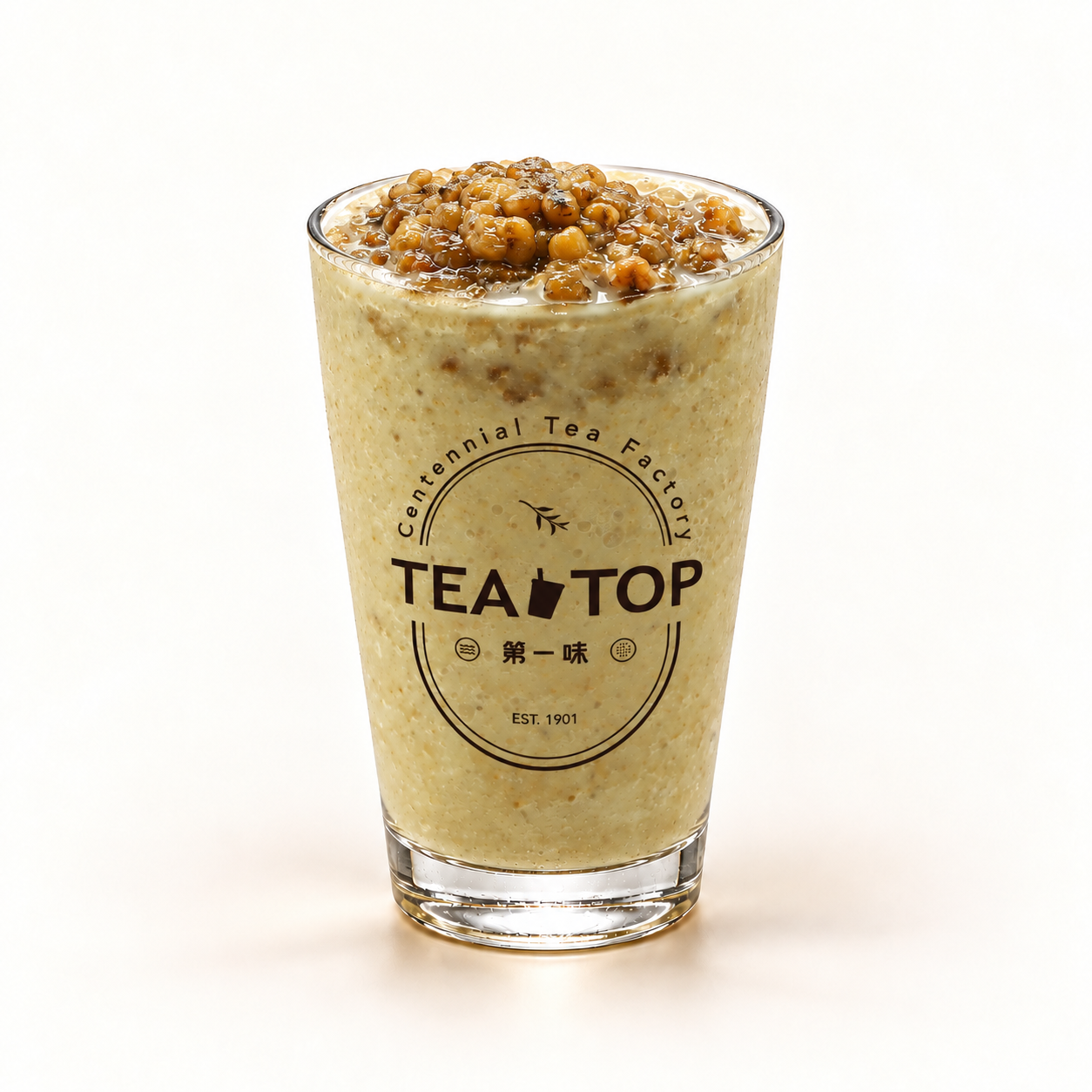 Mung Bean Milk Slushy in a TEA TOP branded glass — AI-retouched presentation.